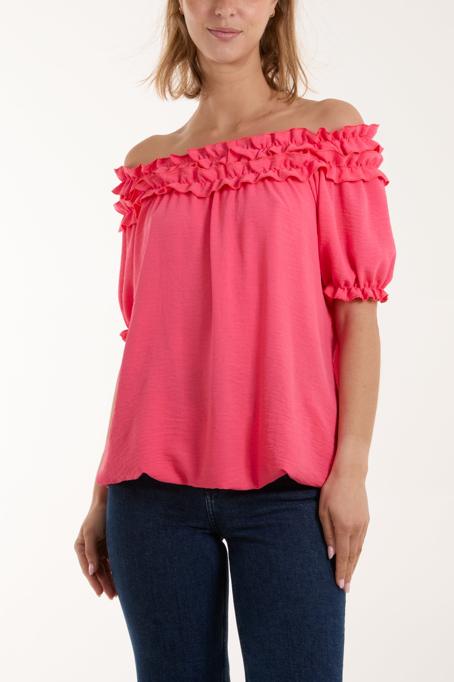 Ruffle Bardot Bubble Hem Top Tops WearAll Coral One Size