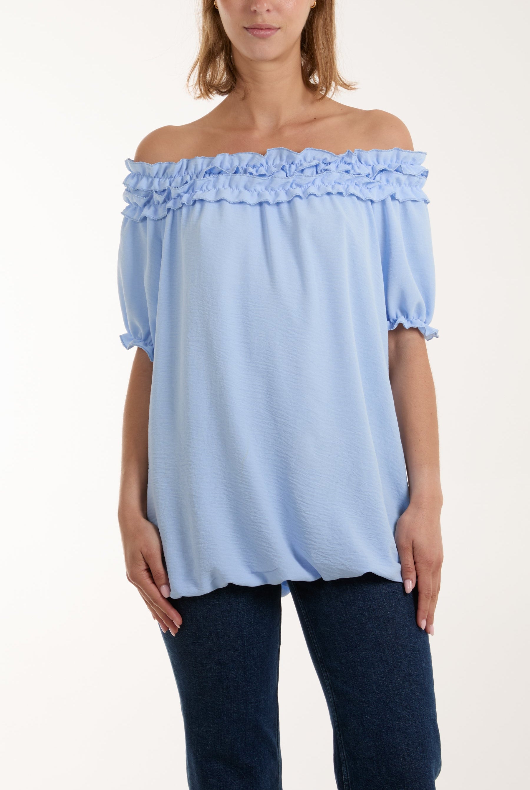 Ruffle Bardot Bubble Hem Top Tops WearAll Light Blue One Size
