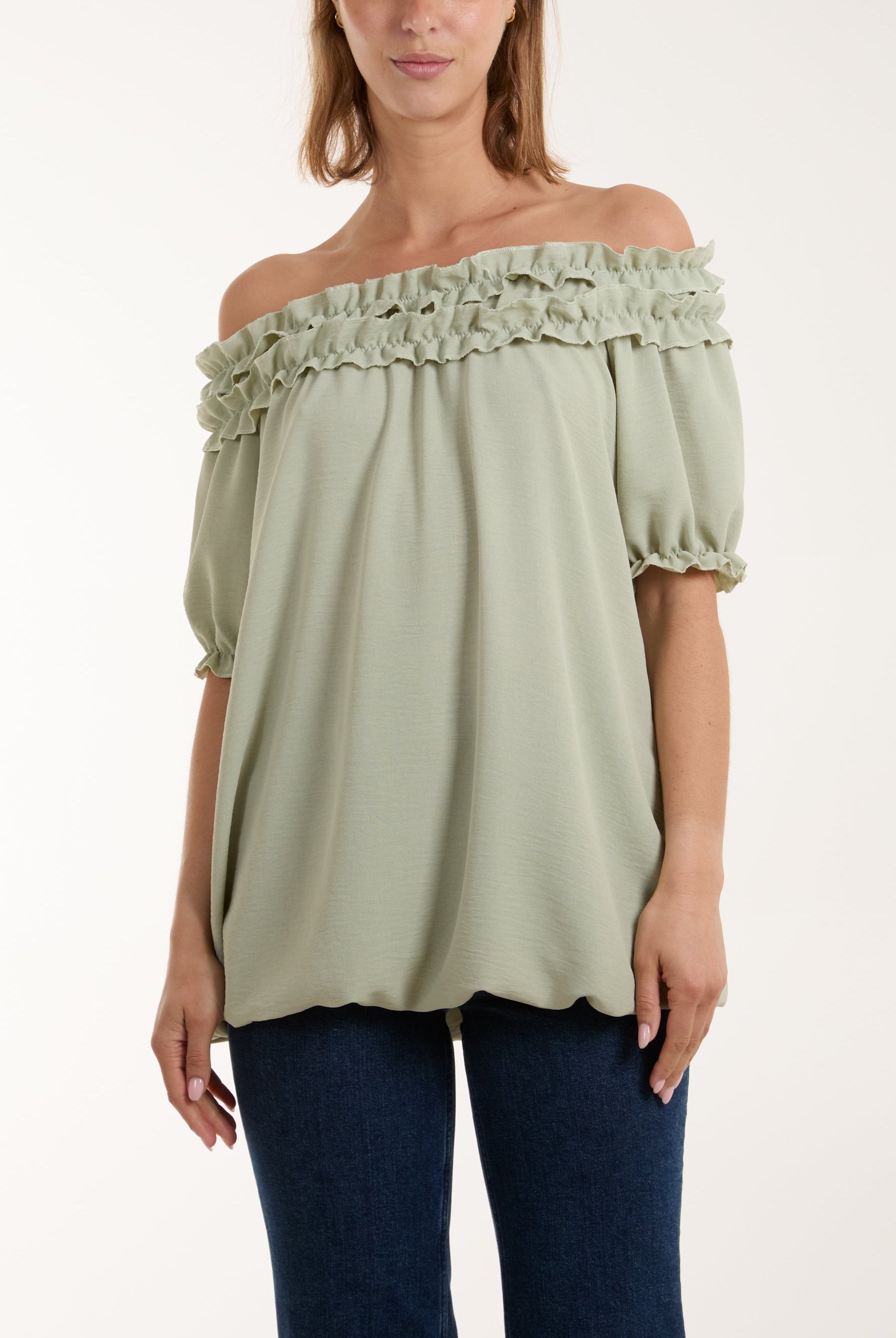 Ruffle Bardot Bubble Hem Top Tops WearAll Sage One Size