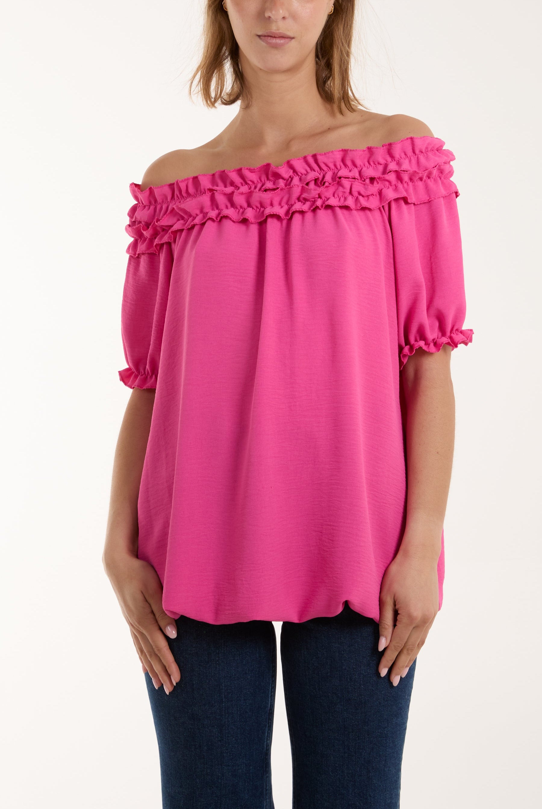 Ruffle Bardot Bubble Hem Top Tops WearAll Fuchsia One Size