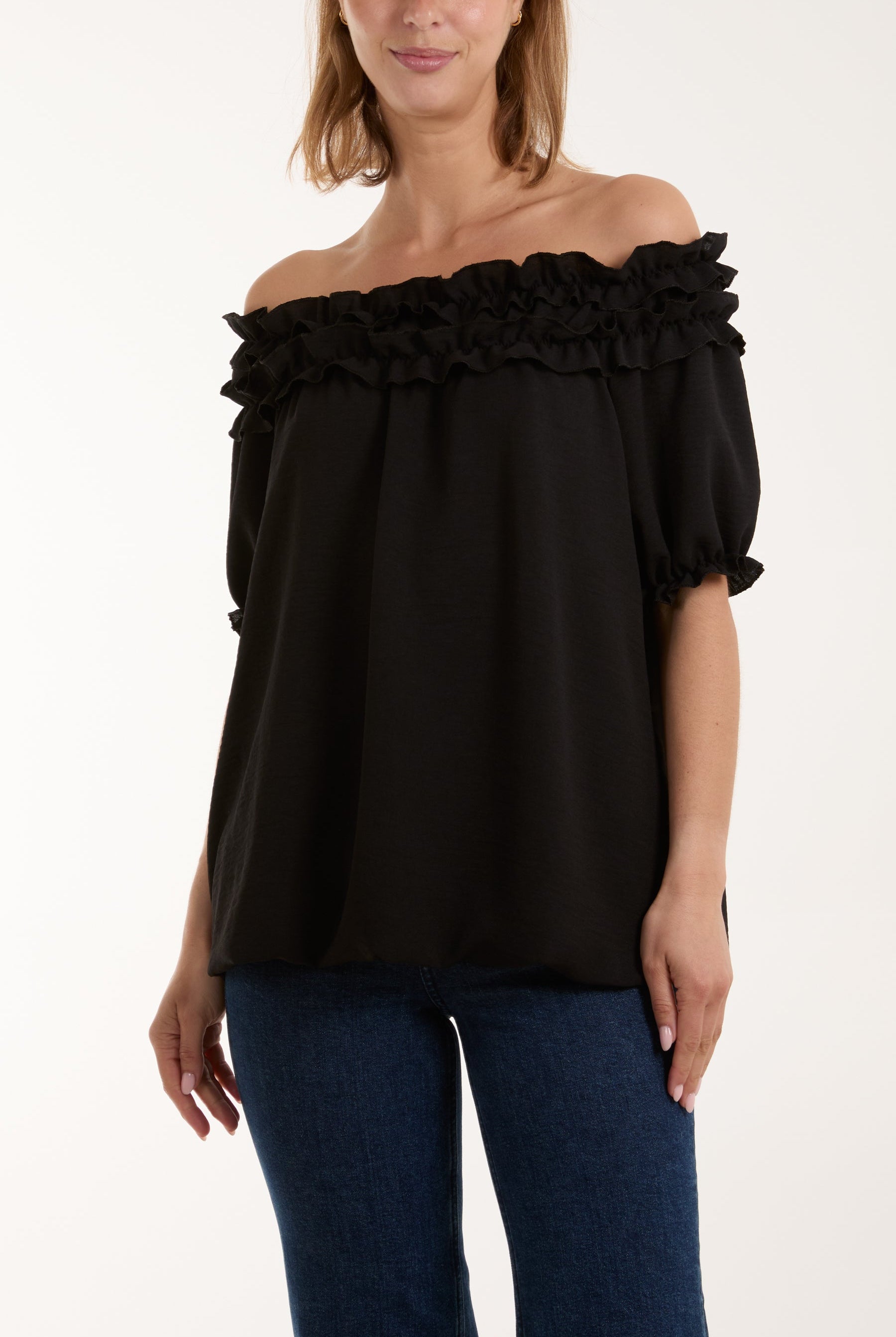 Ruffle Bardot Bubble Hem Top Tops WearAll Black One Size