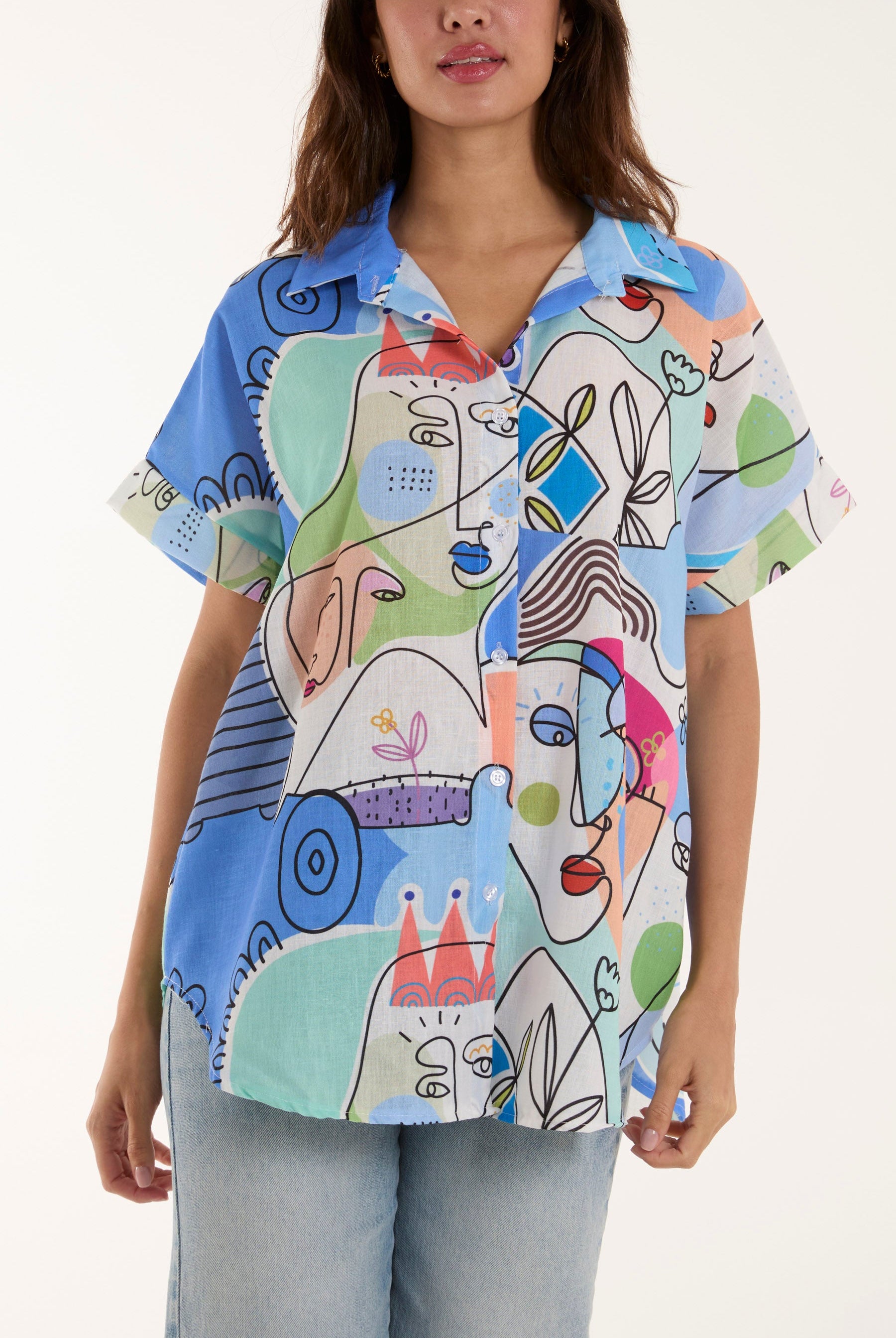 Abstract Faces Front Knot Shirt Shirts WearAll Light Blue One Size