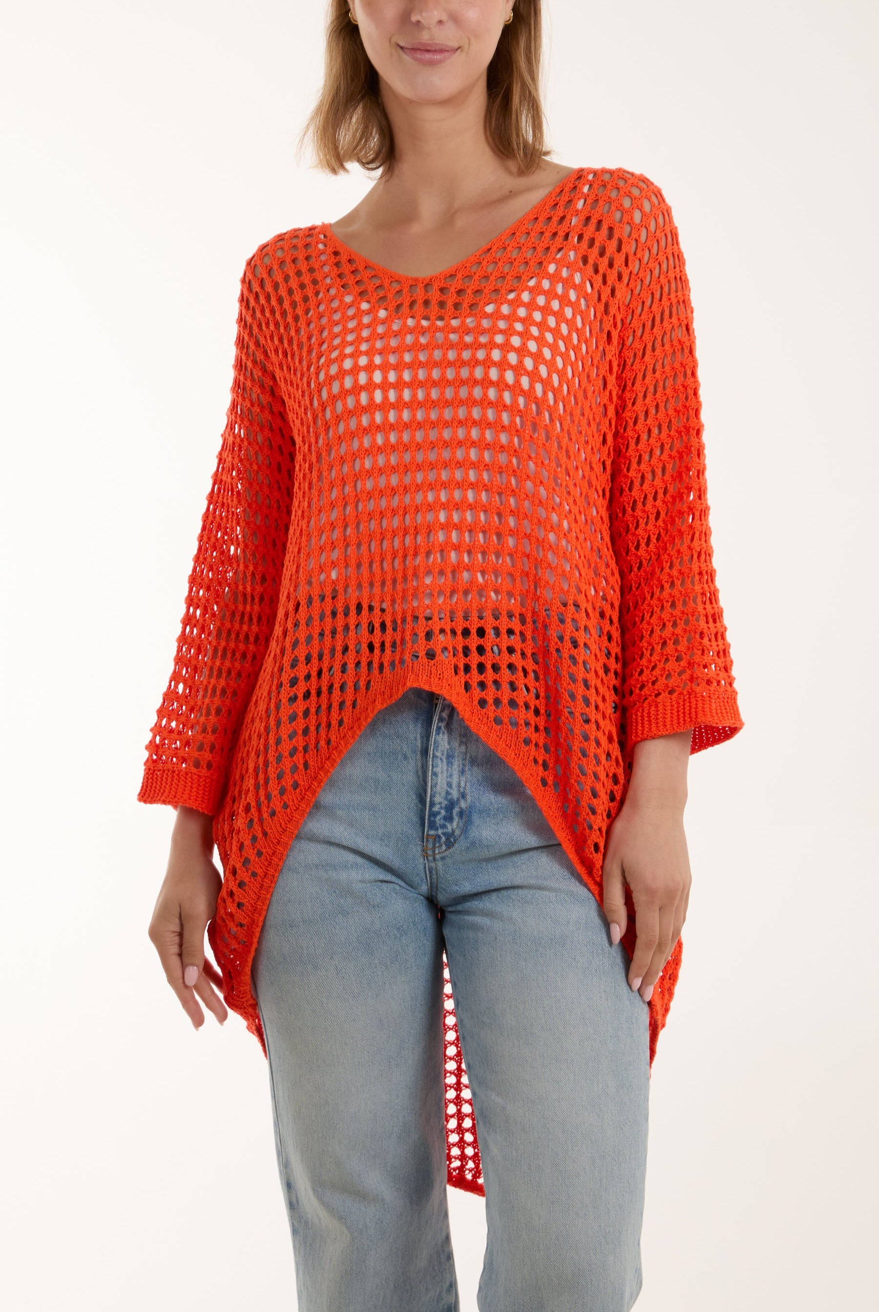 Crochet Dipped Hem 3/4 Sleeve Top Tops WearAll Orange One Size