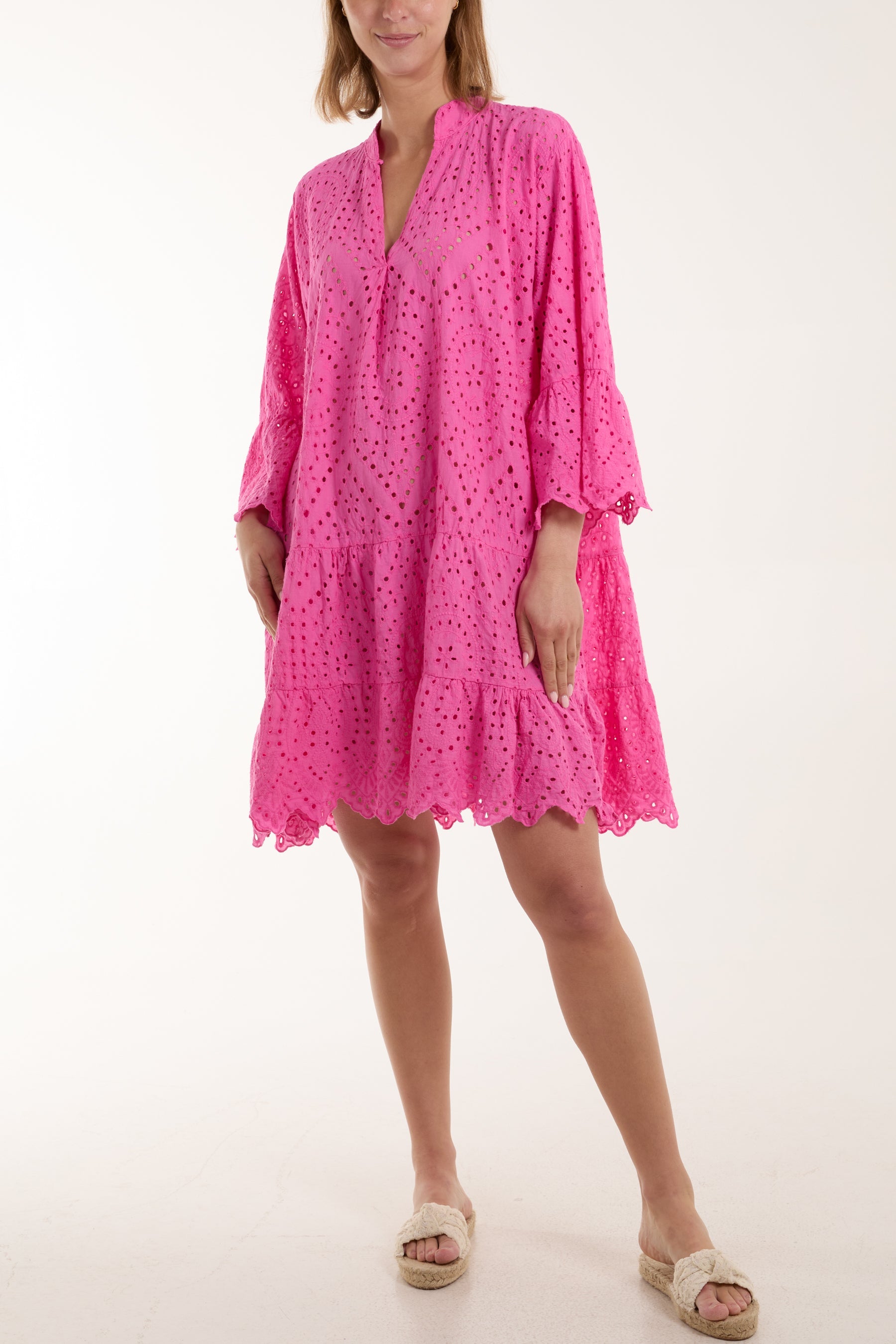 Broderie Anglaise Tunic Dress Dresses WearAll Hot Pink One Size