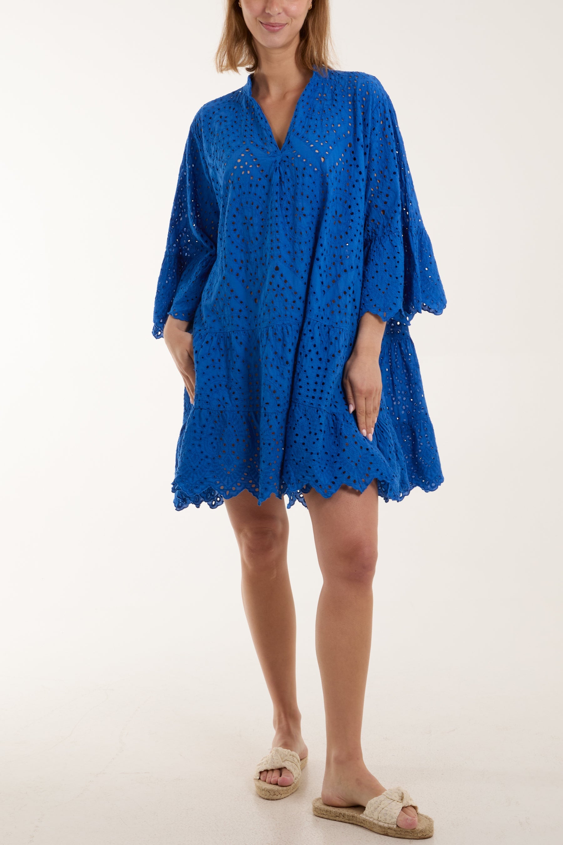 Broderie Anglaise Tunic Dress Dresses WearAll Royal Blue One Size