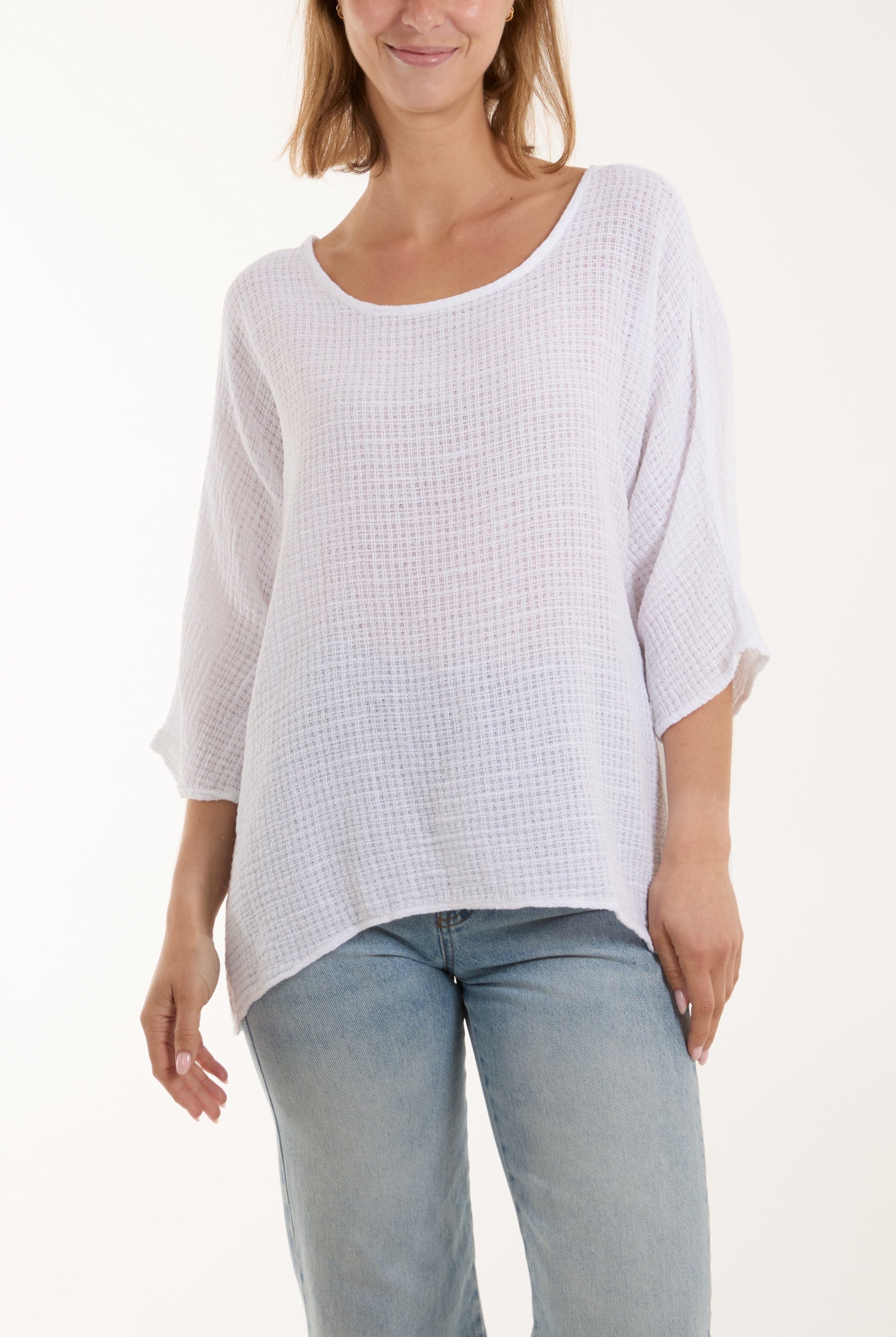 Texture Fabric Fine Cotton Blouse Tops WearAll White One Size