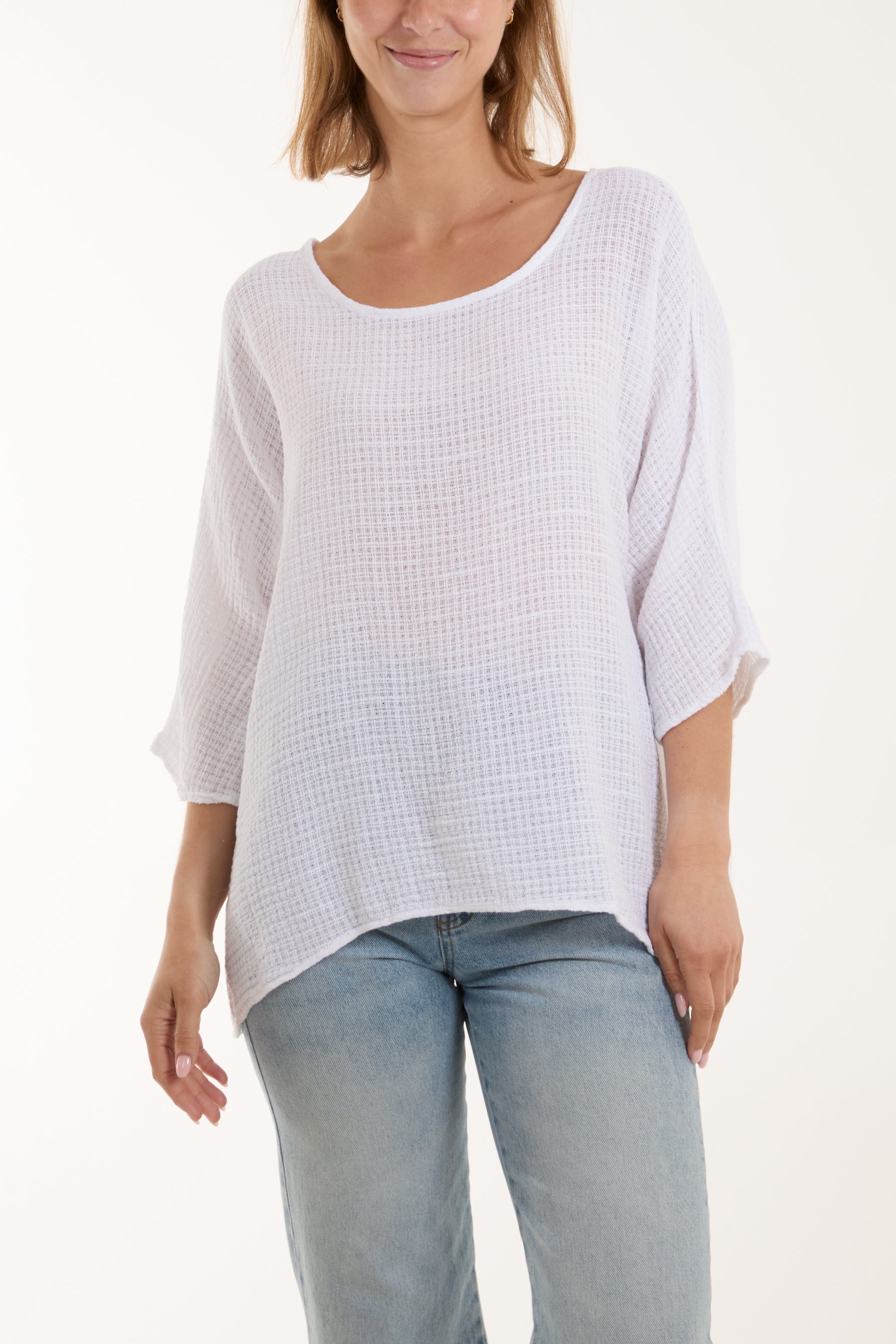 Texture Fabric Fine Cotton Blouse Tops WearAll White One Size