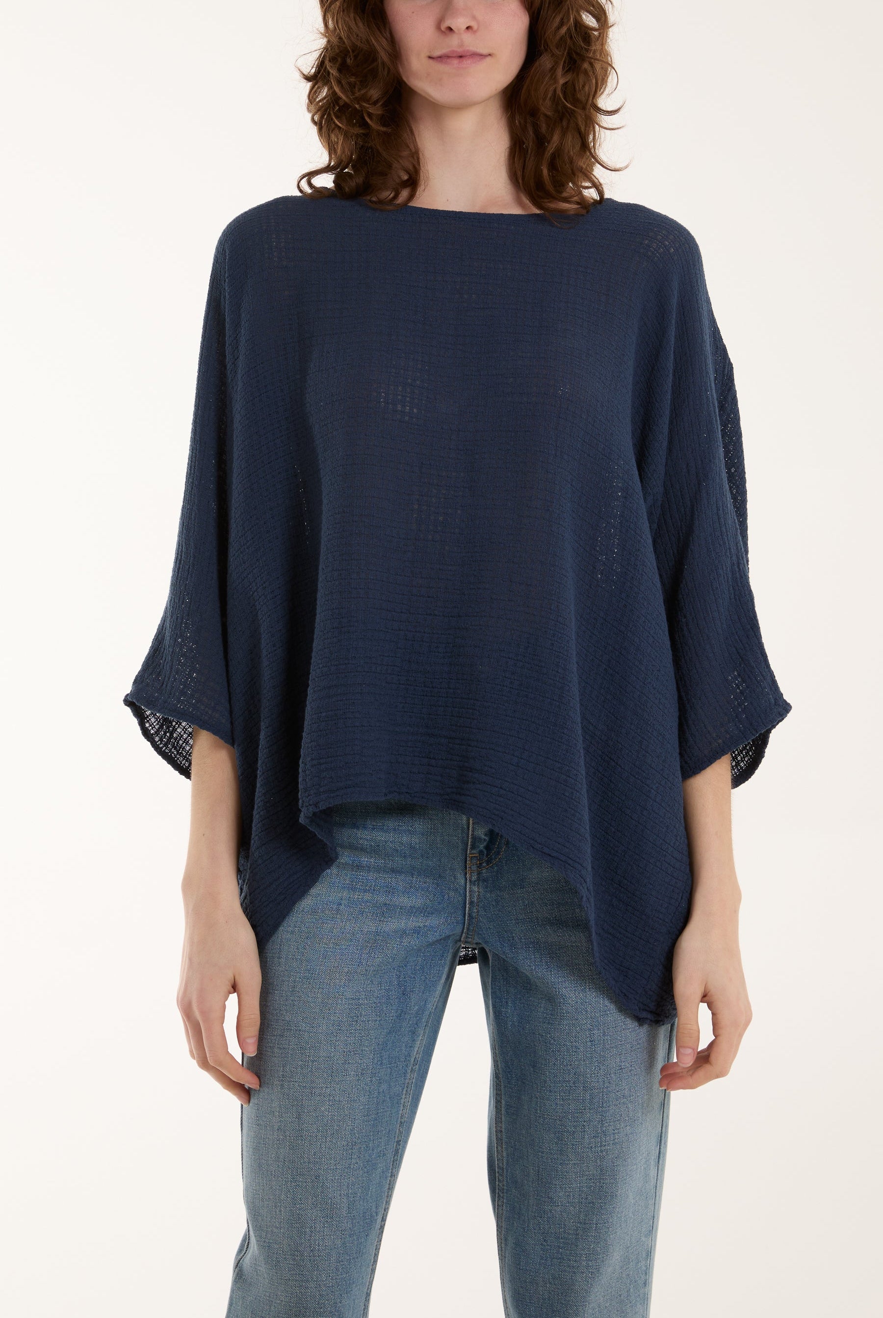 Texture Fabric Fine Cotton Blouse Tops WearAll Navy One Size