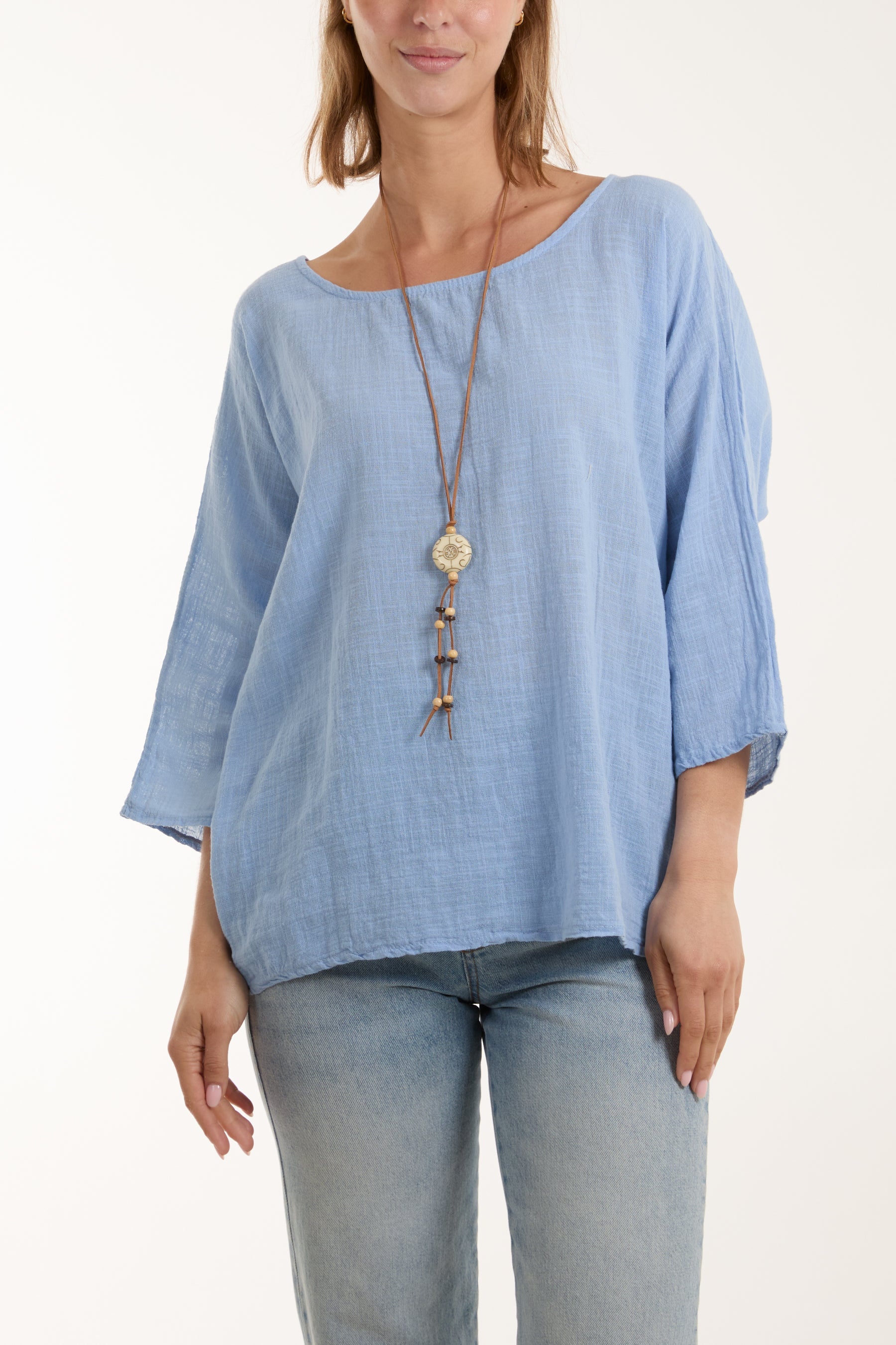 Necklace 3/4 Sleeve Blouse Blouses WearAll Light Blue One Size