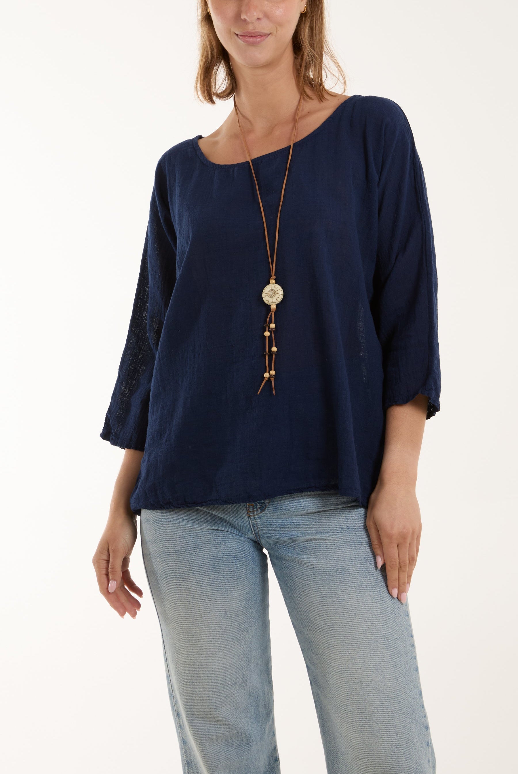 Necklace 3/4 Sleeve Blouse Blouses WearAll Navy One Size