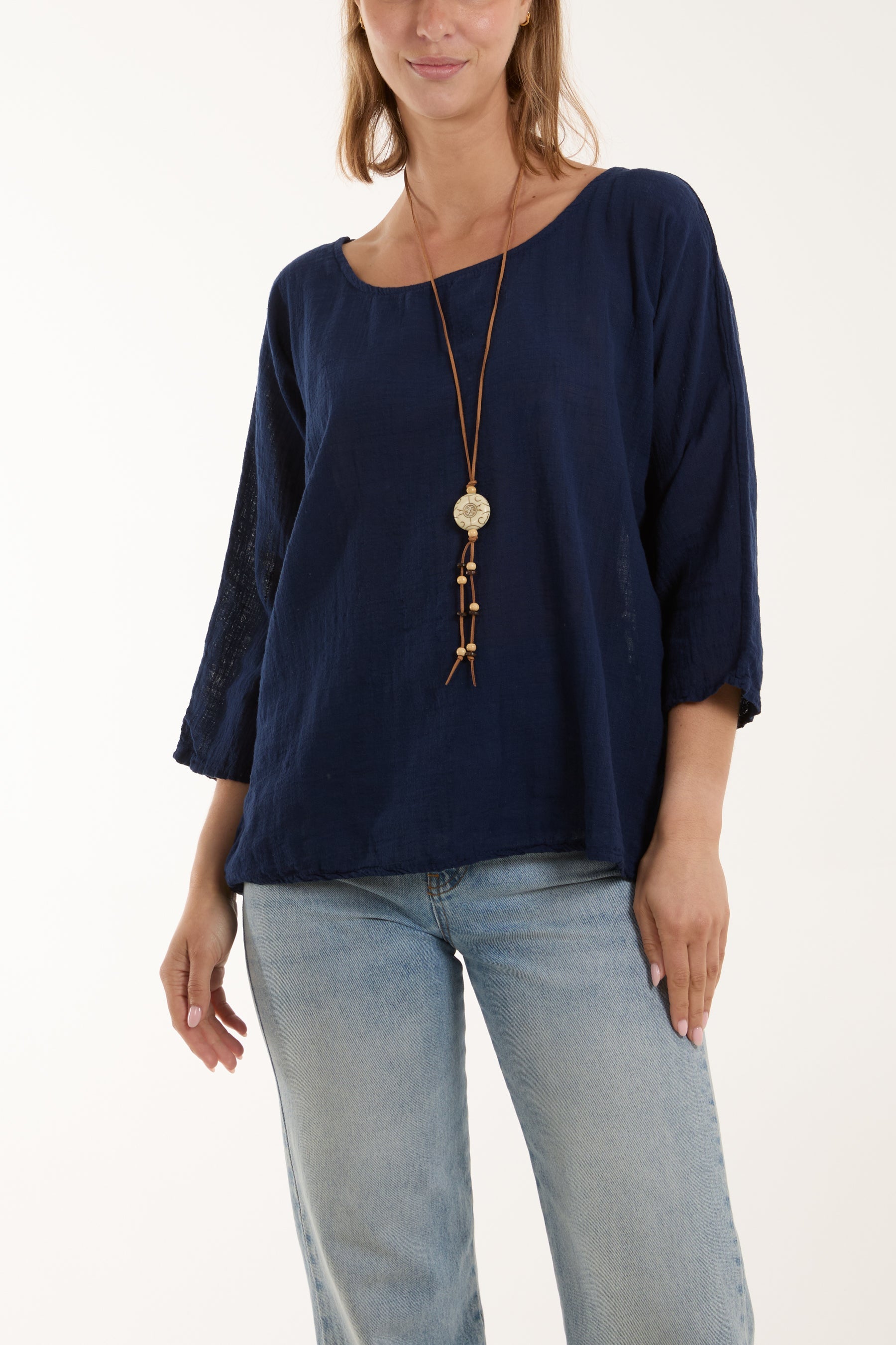 Necklace 3/4 Sleeve Blouse Blouses WearAll Navy One Size