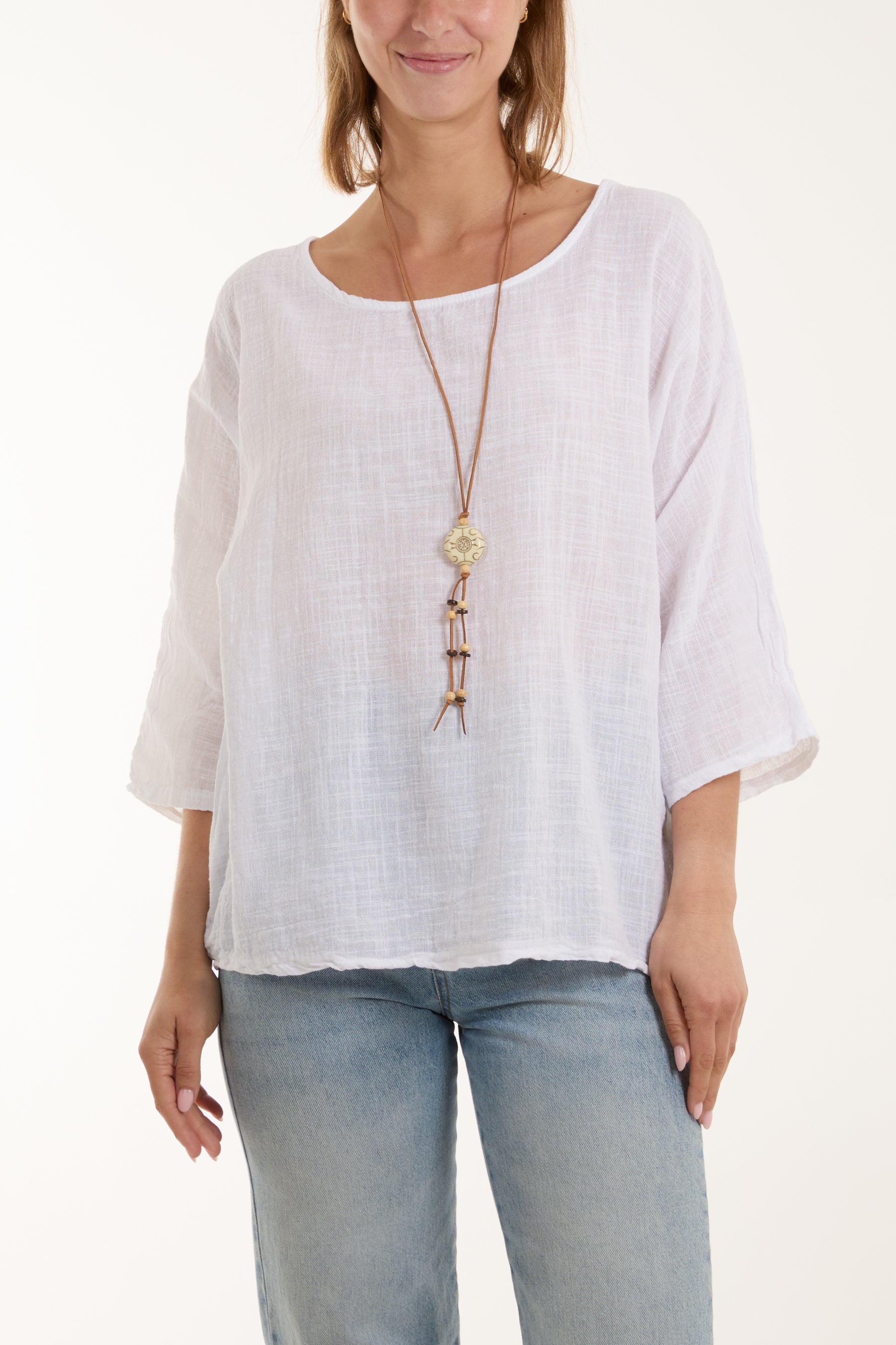 Necklace 3/4 Sleeve Blouse Blouses WearAll White One Size