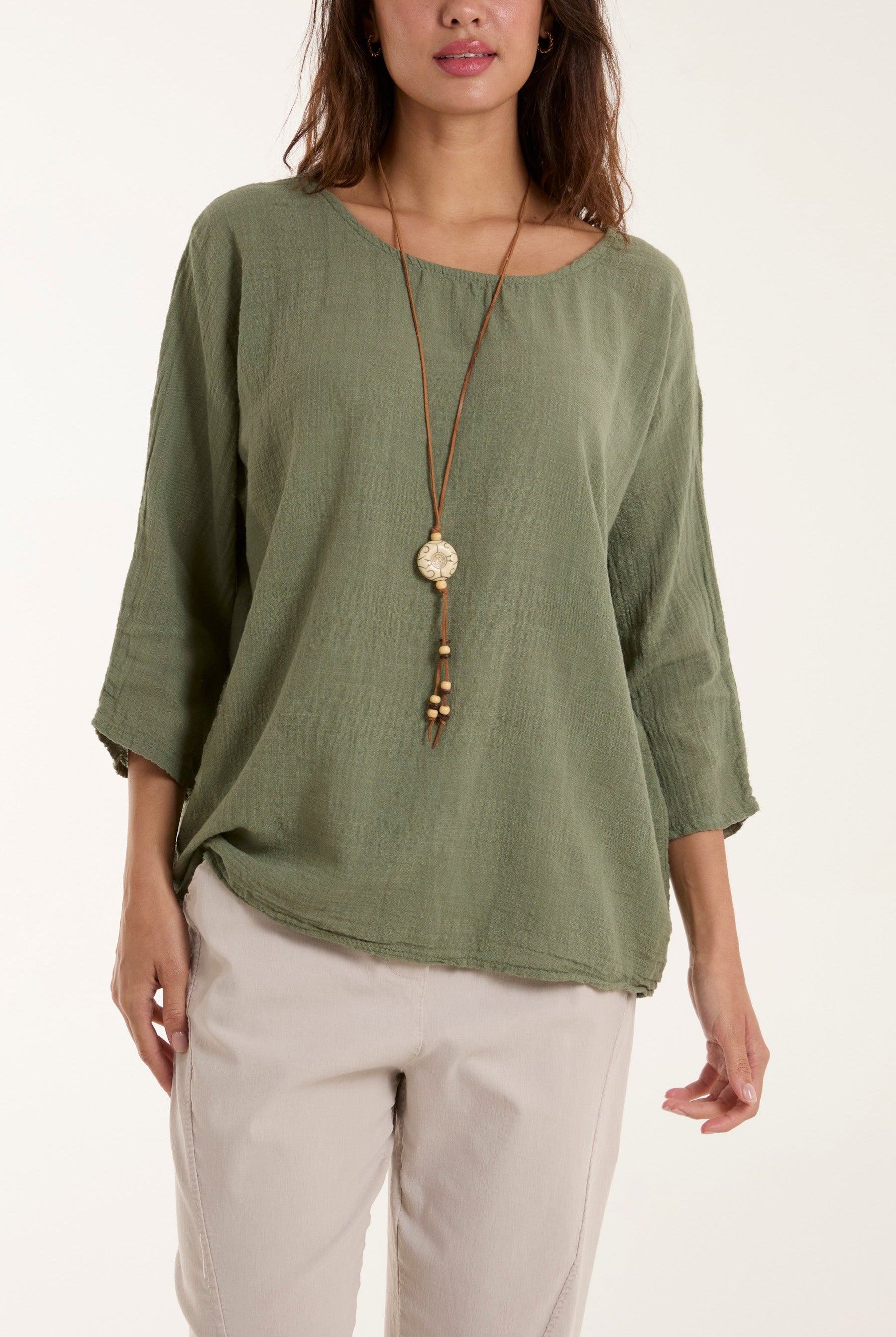 Necklace 3/4 Sleeve Blouse Blouses WearAll Khaki One Size