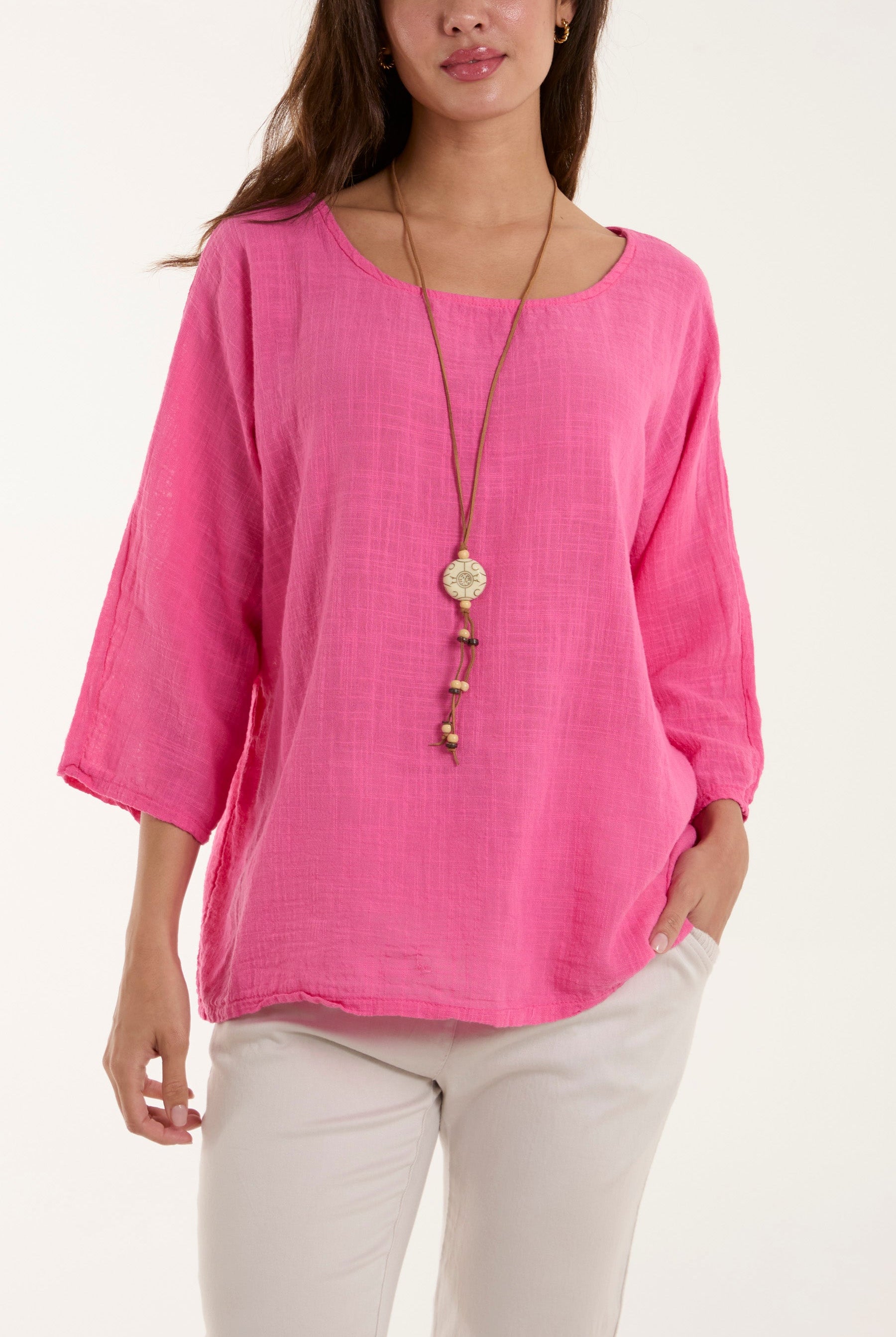 Necklace 3/4 Sleeve Blouse Blouses WearAll Hot Pink One Size