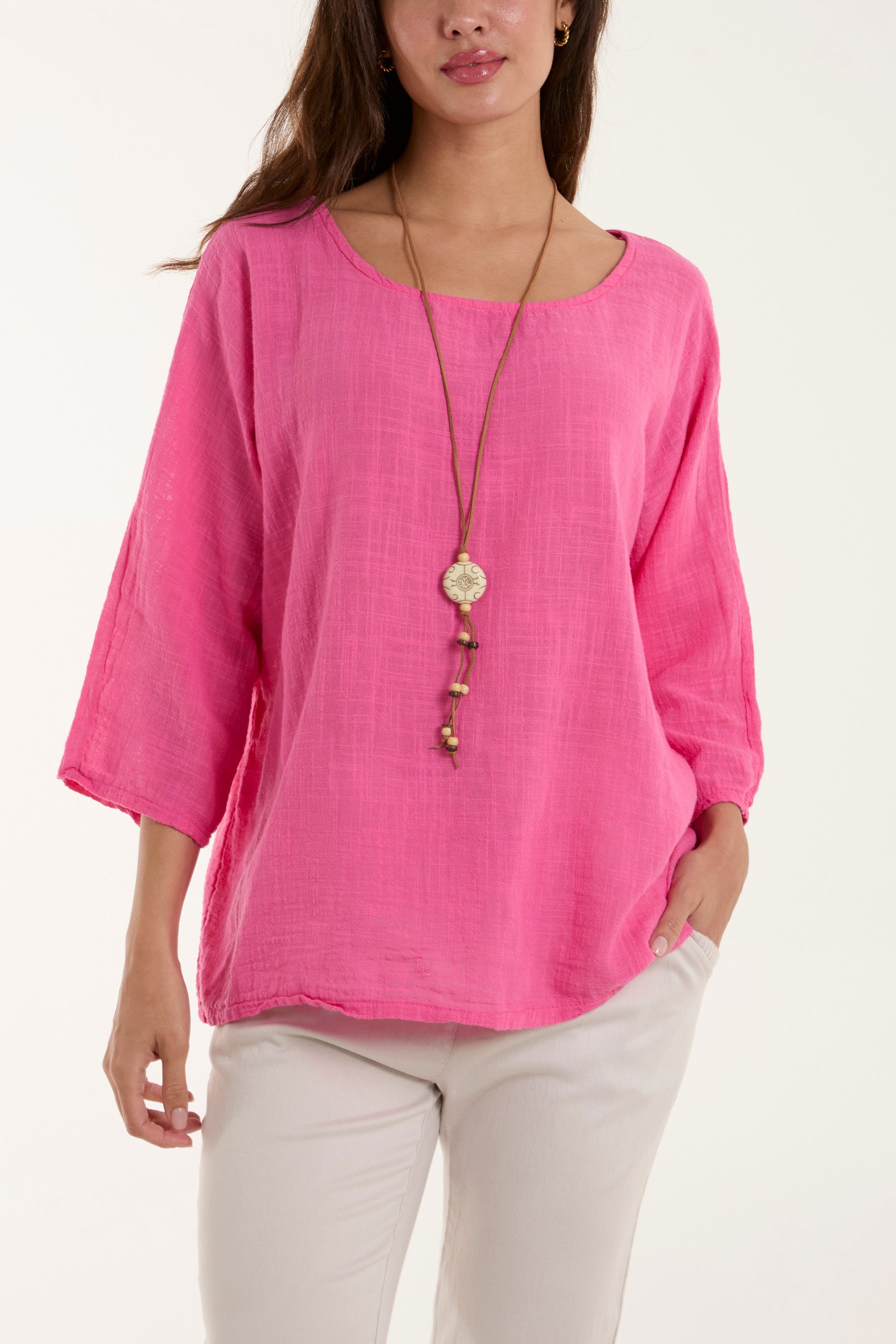 Necklace 3/4 Sleeve Blouse Blouses WearAll Hot Pink One Size