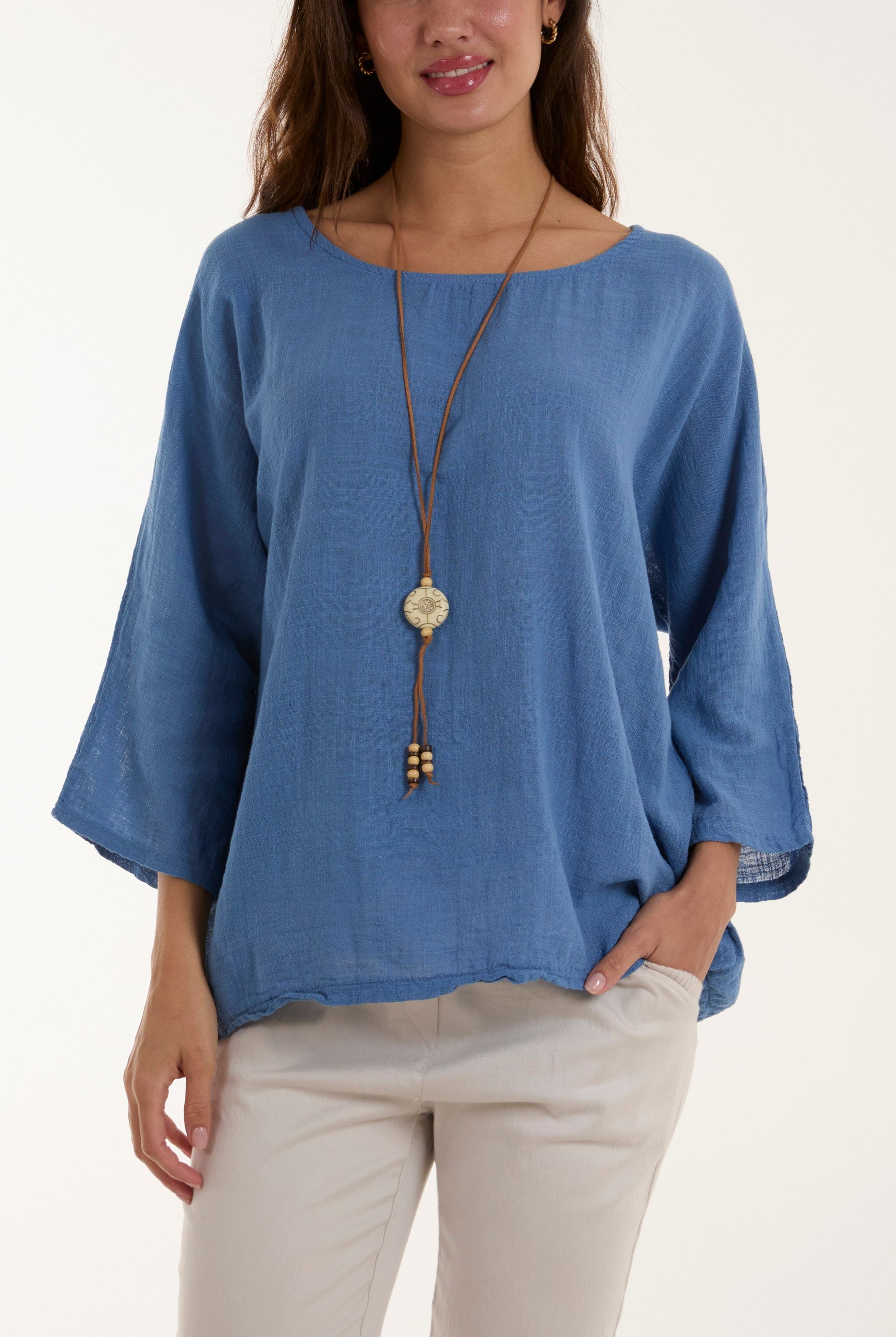 Necklace 3/4 Sleeve Blouse Blouses WearAll Denim One Size