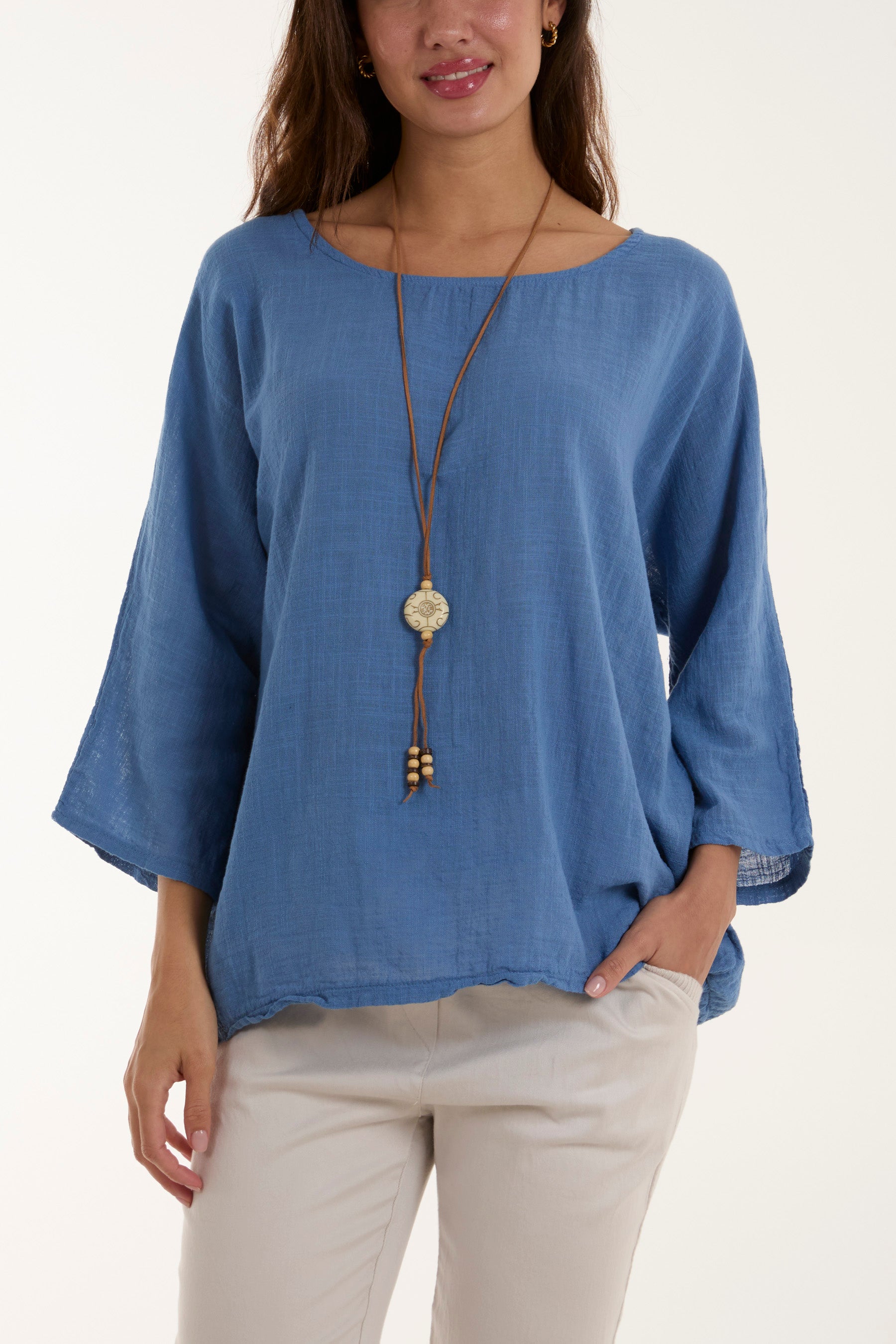 Necklace 3/4 Sleeve Blouse Blouses WearAll Denim One Size