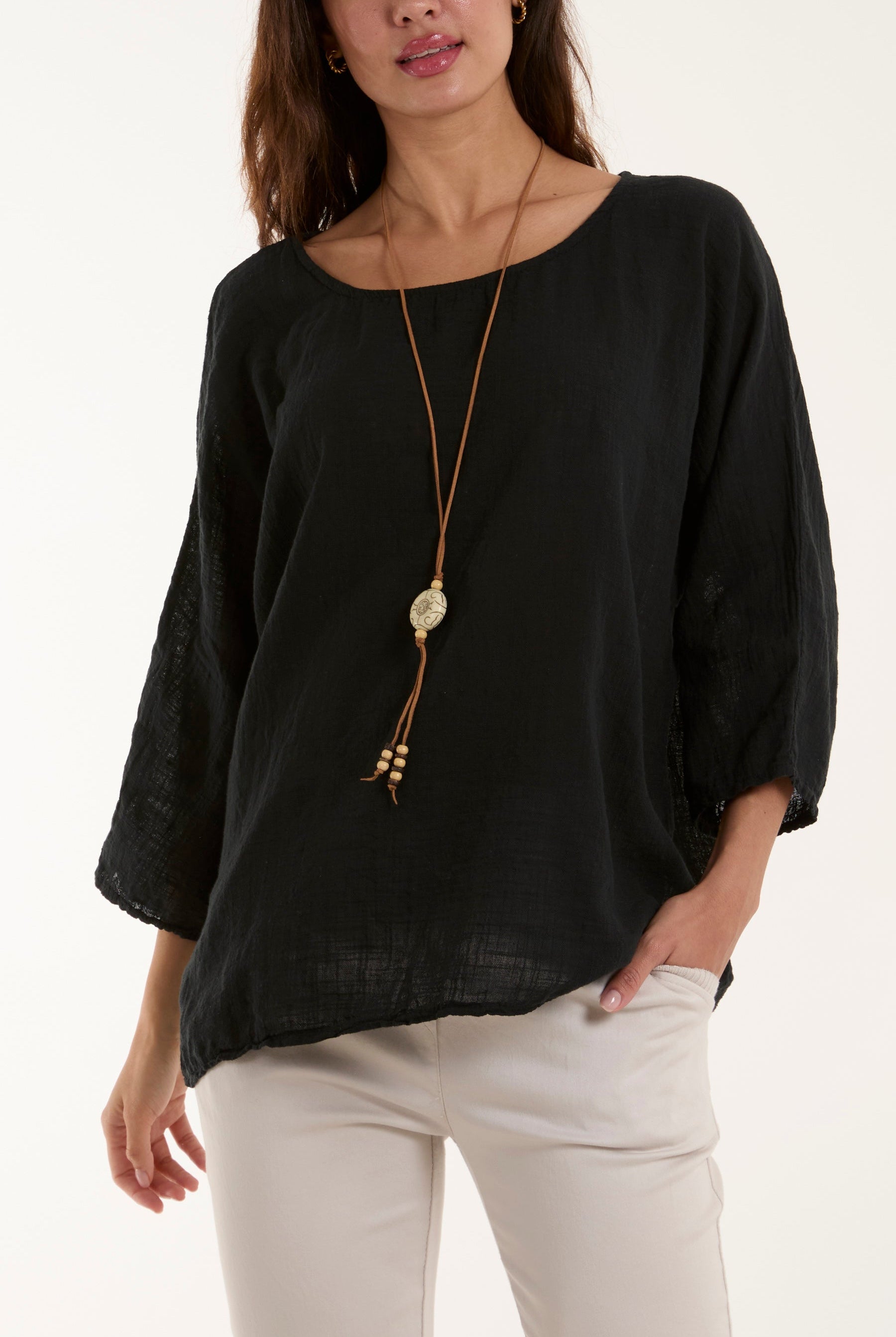 Necklace 3/4 Sleeve Blouse Blouses WearAll Black One Size