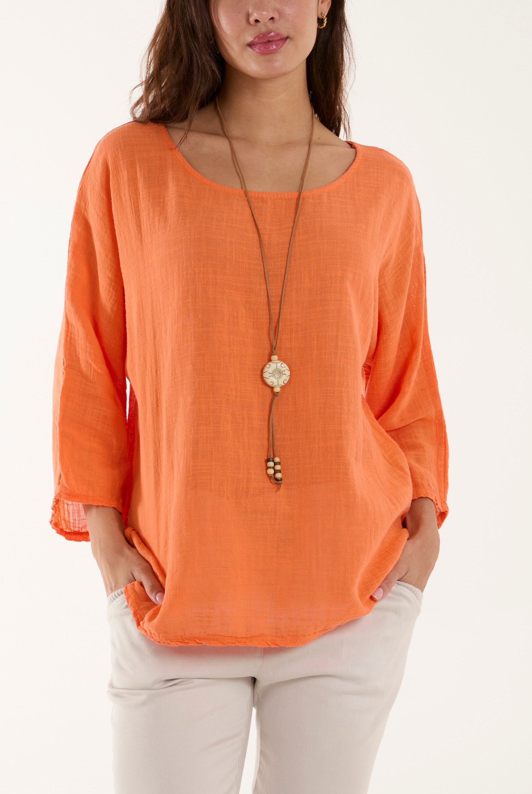 Necklace 3/4 Sleeve Blouse Blouses WearAll Orange One Size