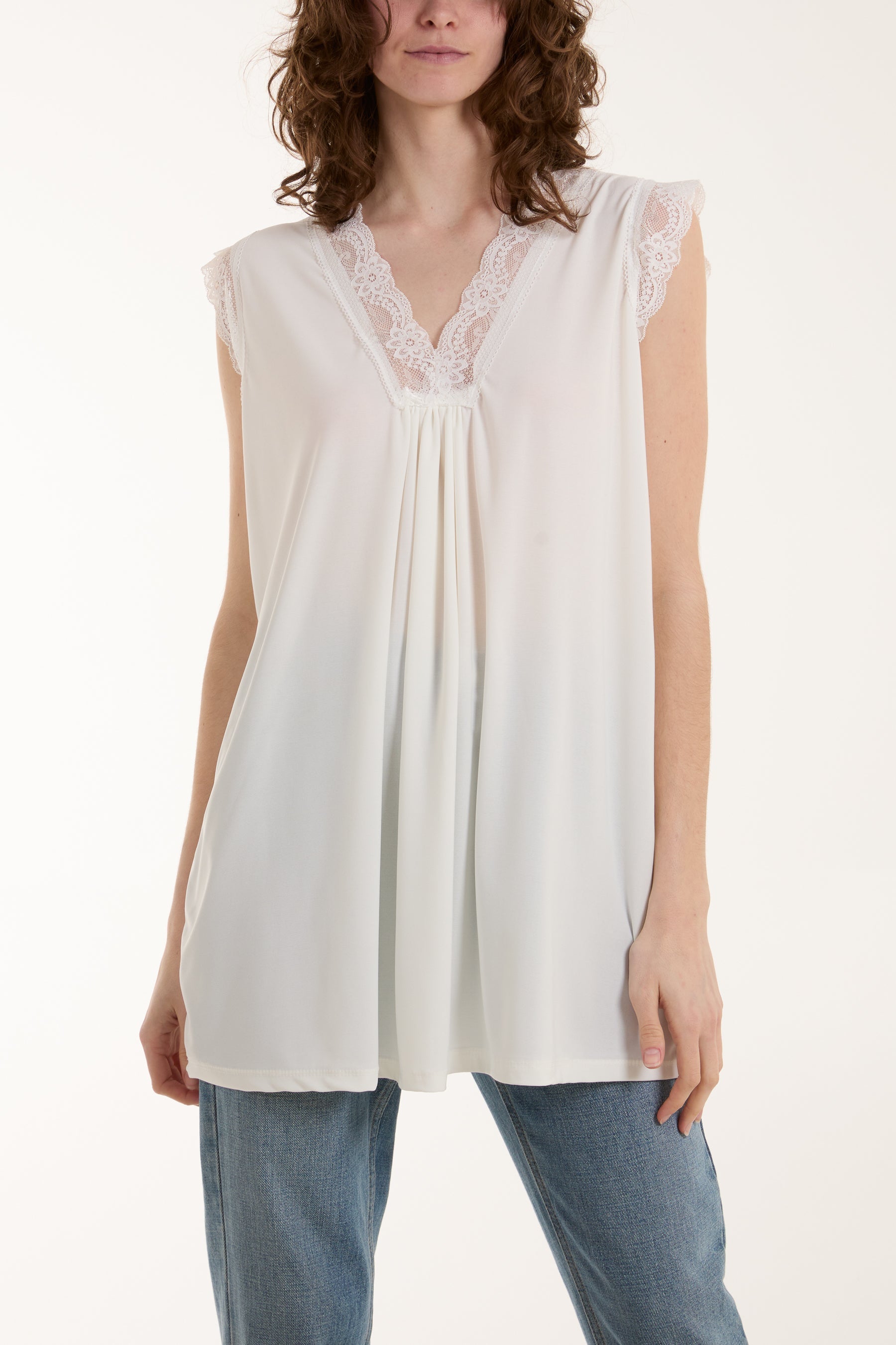 Lace Trim Sleeveless Top Tops WearAll White One Size