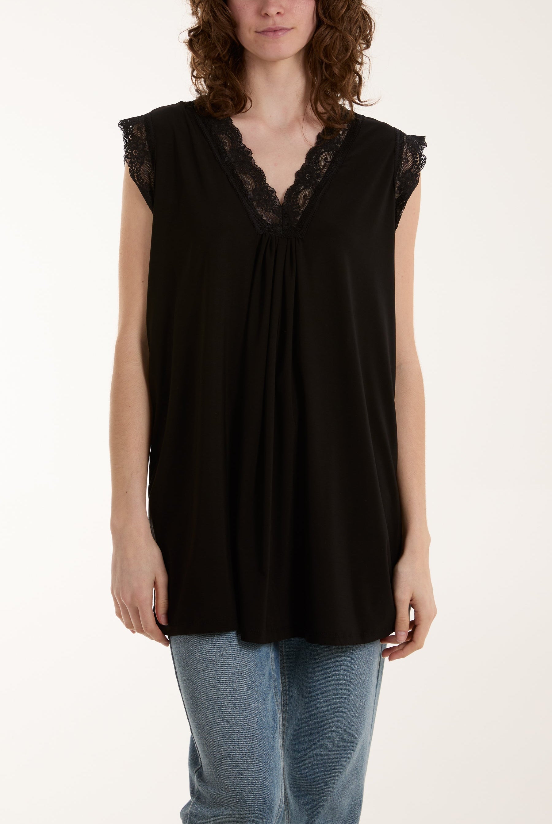Lace Trim Sleeveless Top Tops WearAll Black One Size