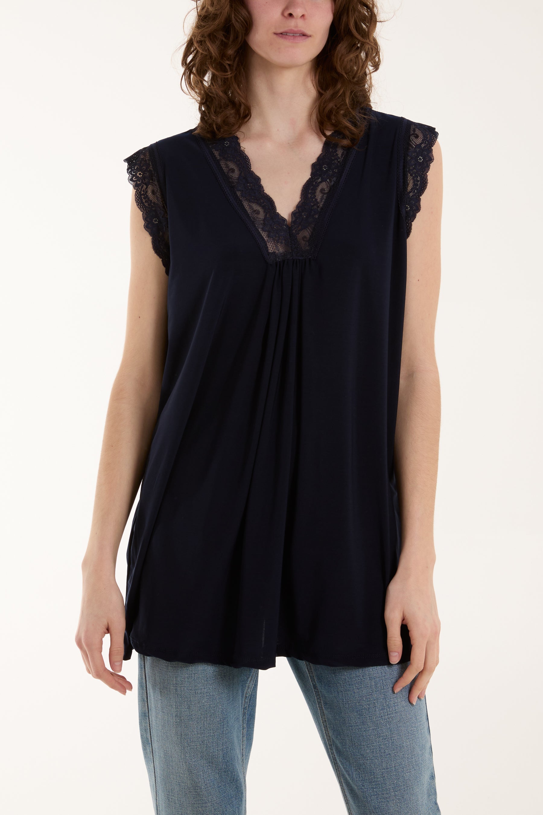 Lace Trim Sleeveless Top Tops WearAll Navy One Size