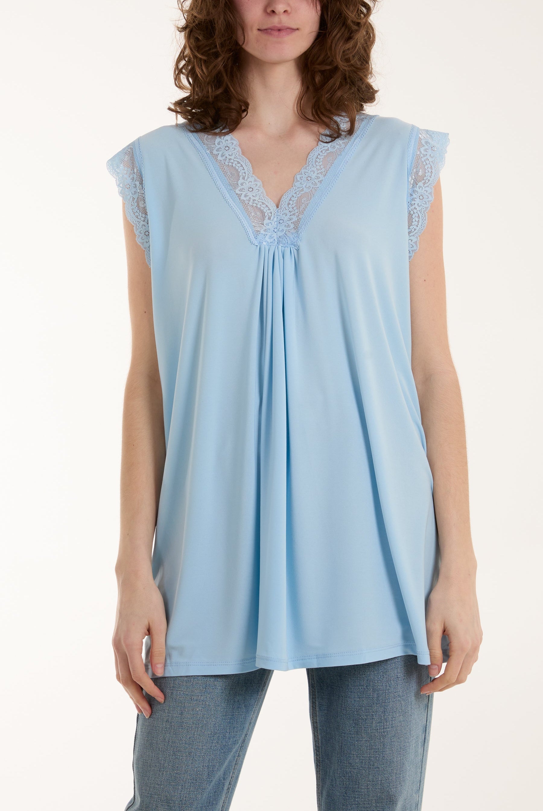 Lace Trim Sleeveless Top Tops WearAll Light Blue One Size