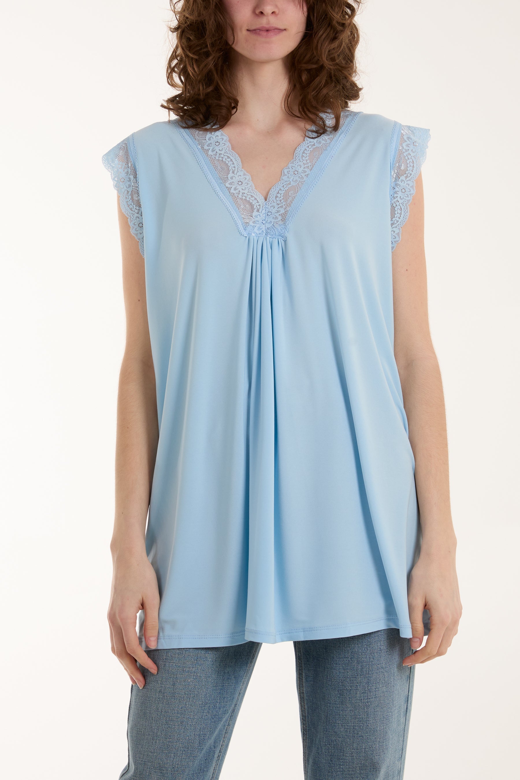 Lace Trim Sleeveless Top Tops WearAll Light Blue One Size