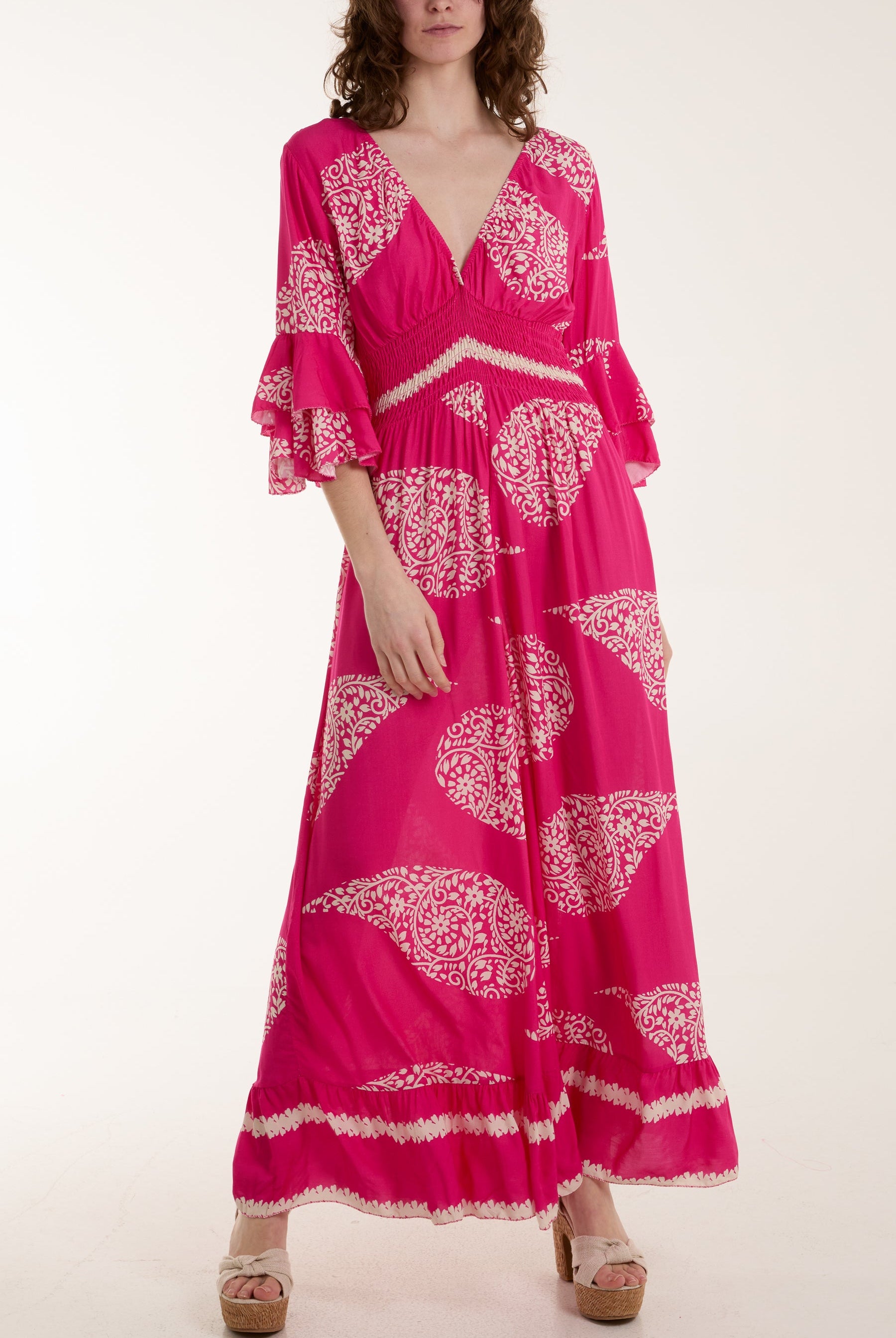 Paisley Print Ruffle Sleeve Jumpsuit Jumpsuits WearAll Hot Pink One Size