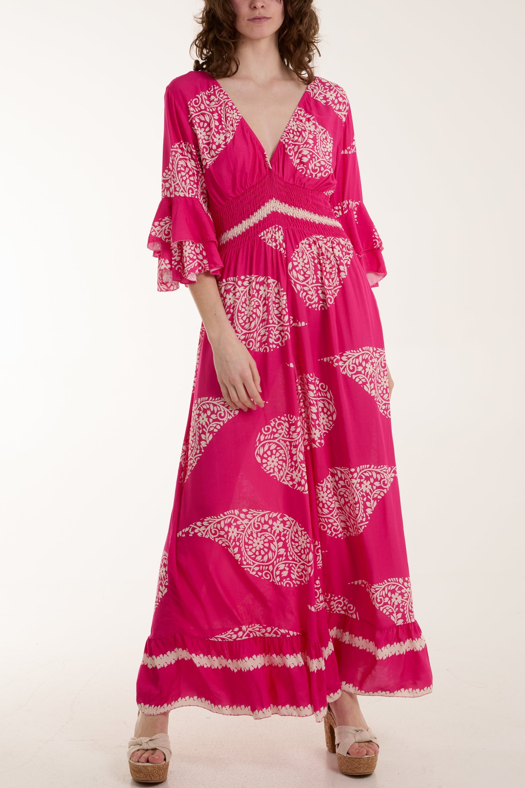 Paisley Print Ruffle Sleeve Jumpsuit Jumpsuits WearAll Hot Pink One Size