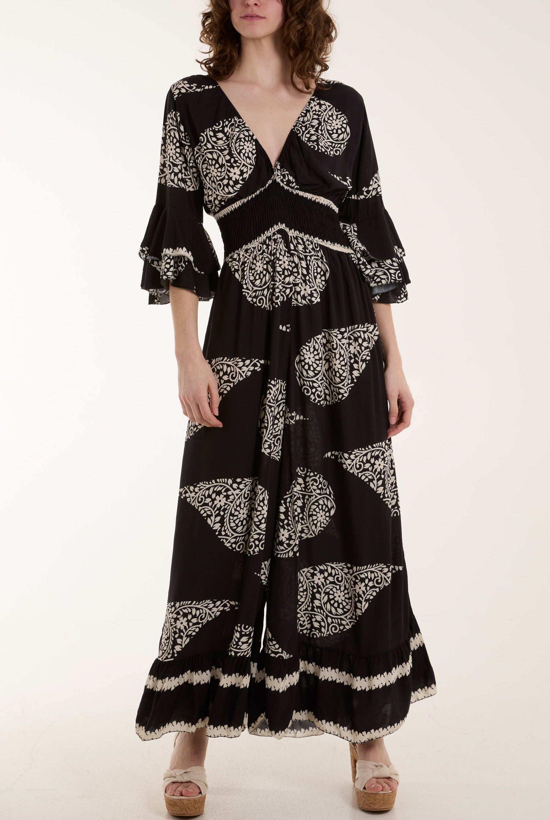 Paisley Print Ruffle Sleeve Jumpsuit Jumpsuits WearAll Black One Size