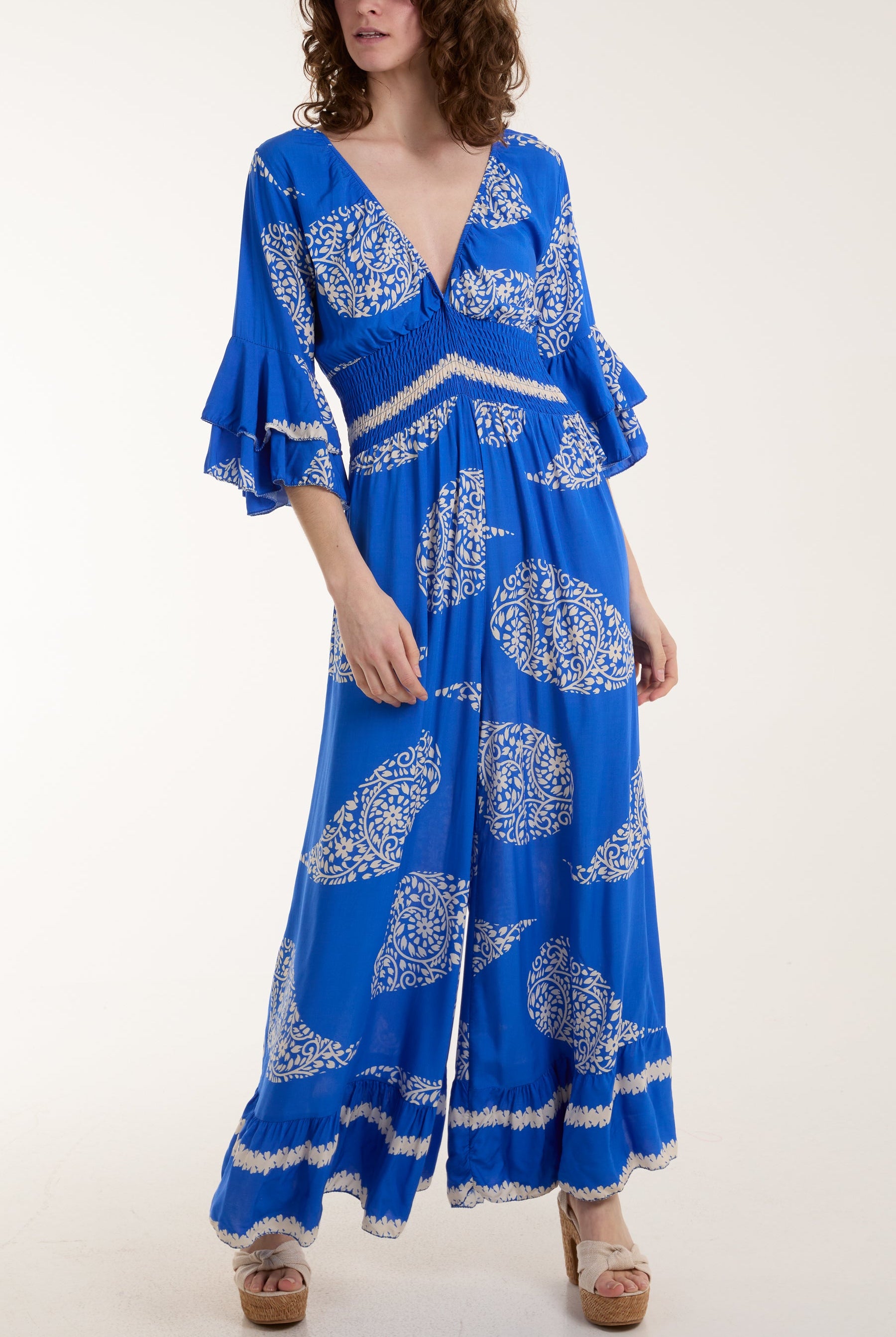 Paisley Print Ruffle Sleeve Jumpsuit Jumpsuits WearAll Royal Blue One Size
