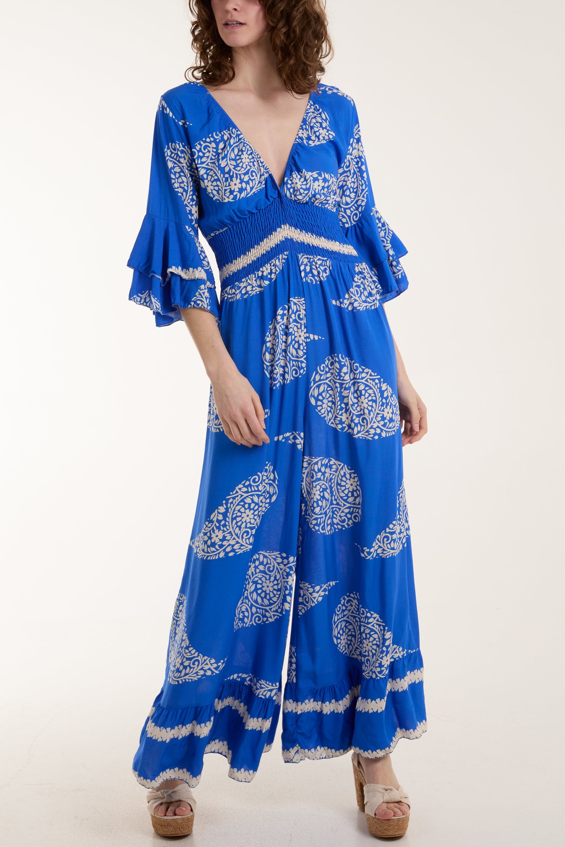 Paisley Print Ruffle Sleeve Jumpsuit Jumpsuits WearAll Royal Blue One Size