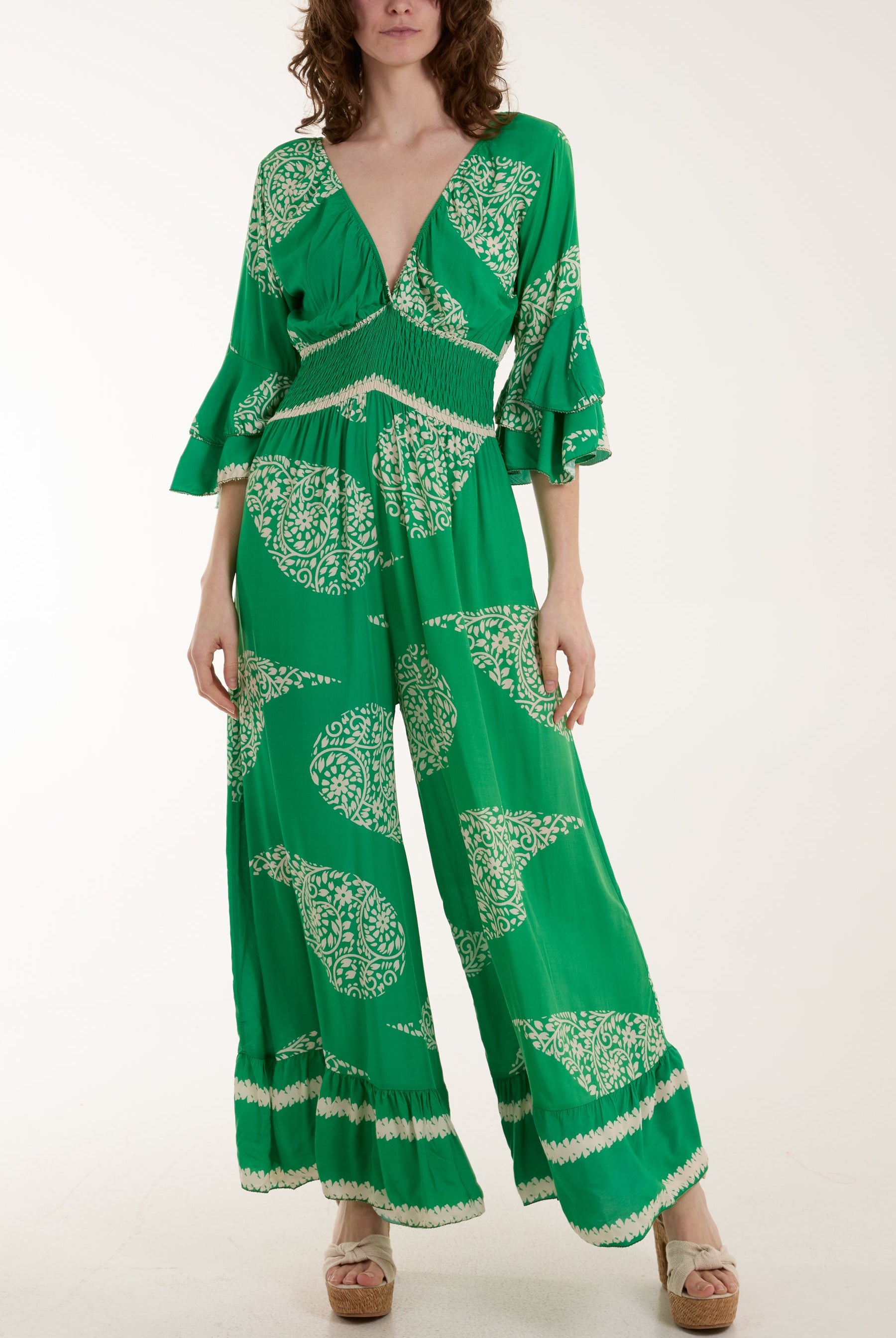 Paisley Print Ruffle Sleeve Jumpsuit Jumpsuits WearAll Jade One Size