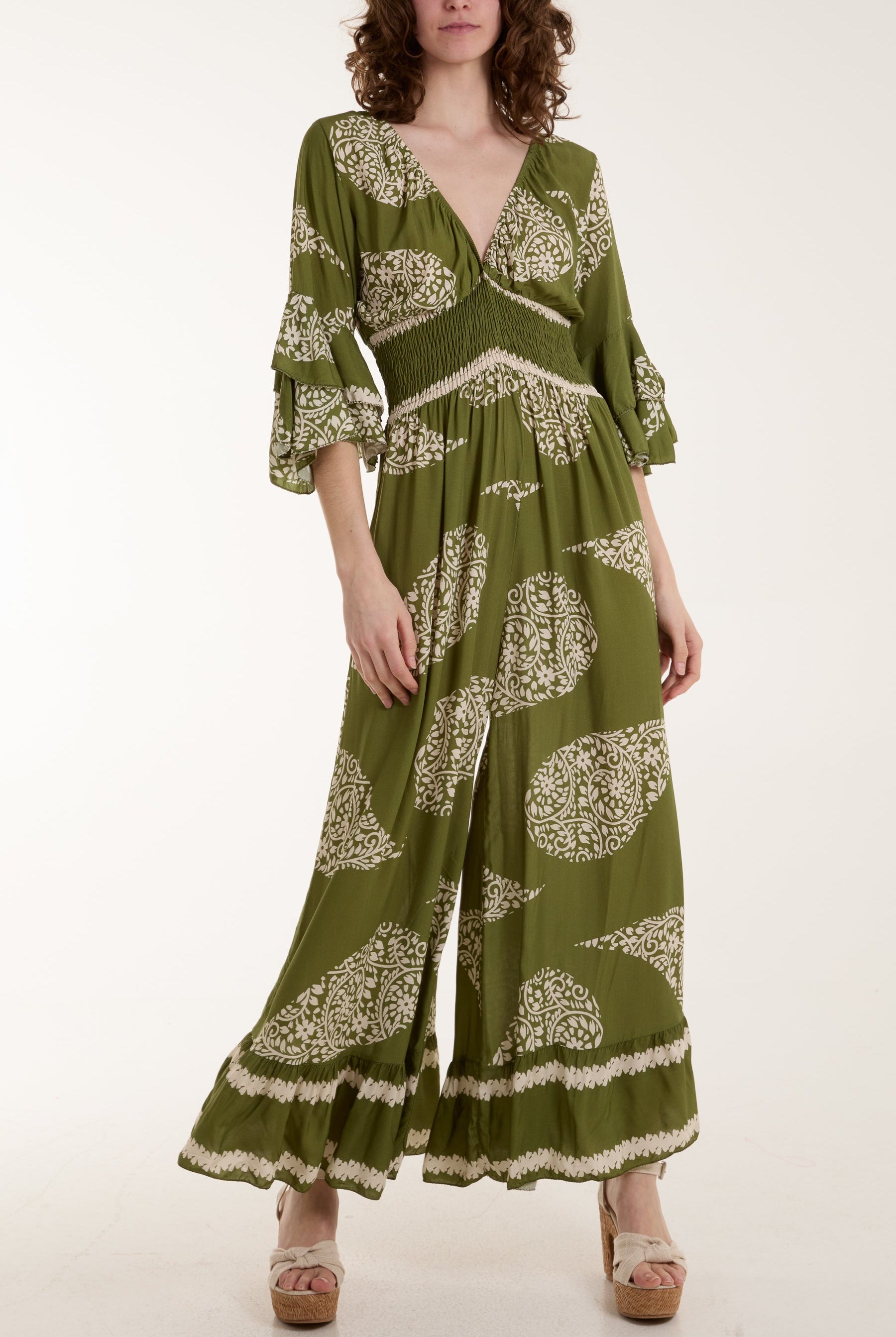 Paisley Print Ruffle Sleeve Jumpsuit Jumpsuits WearAll Khaki One Size