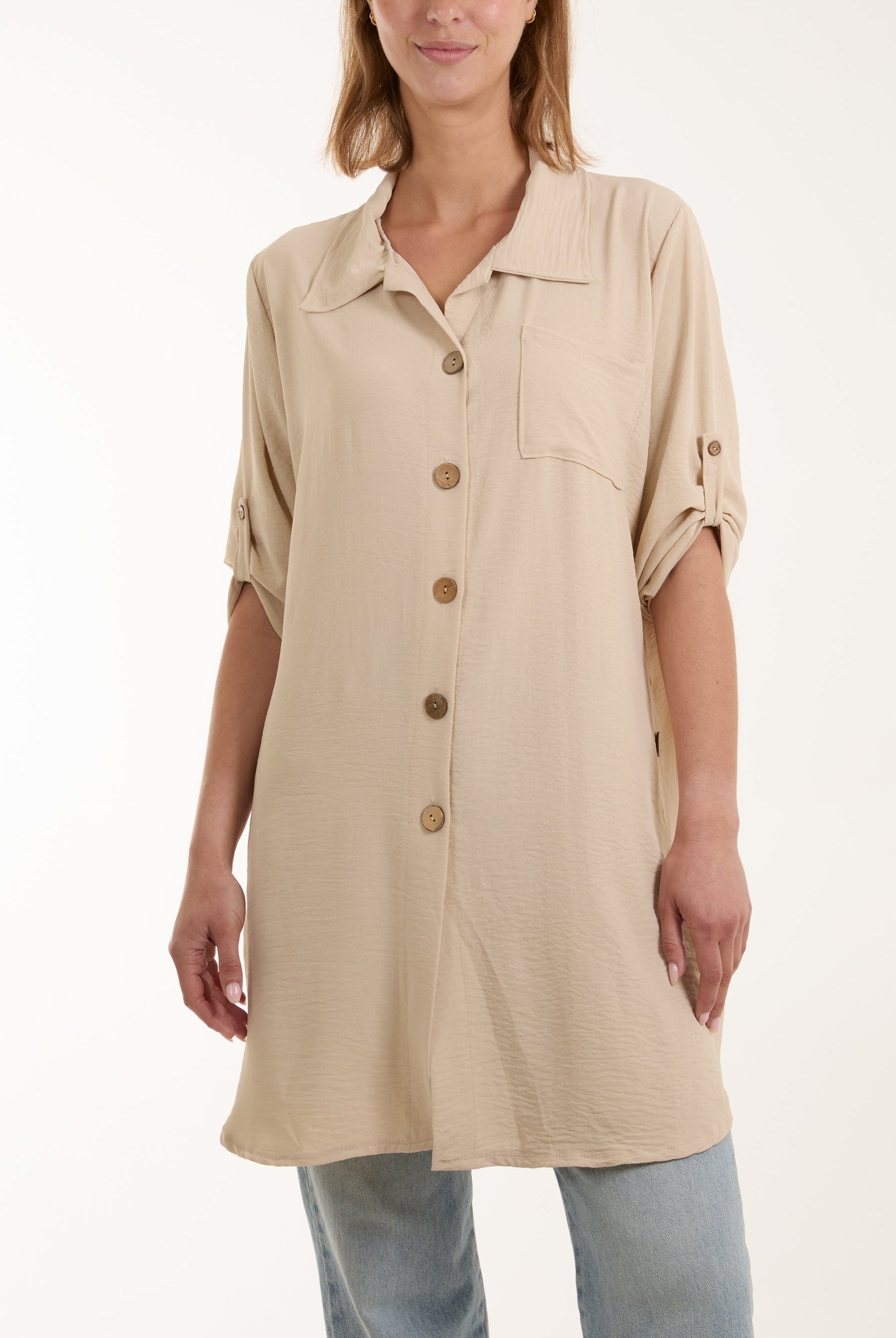 Side Button Detail Floaty Shirt Shirts WearAll Stone One Size