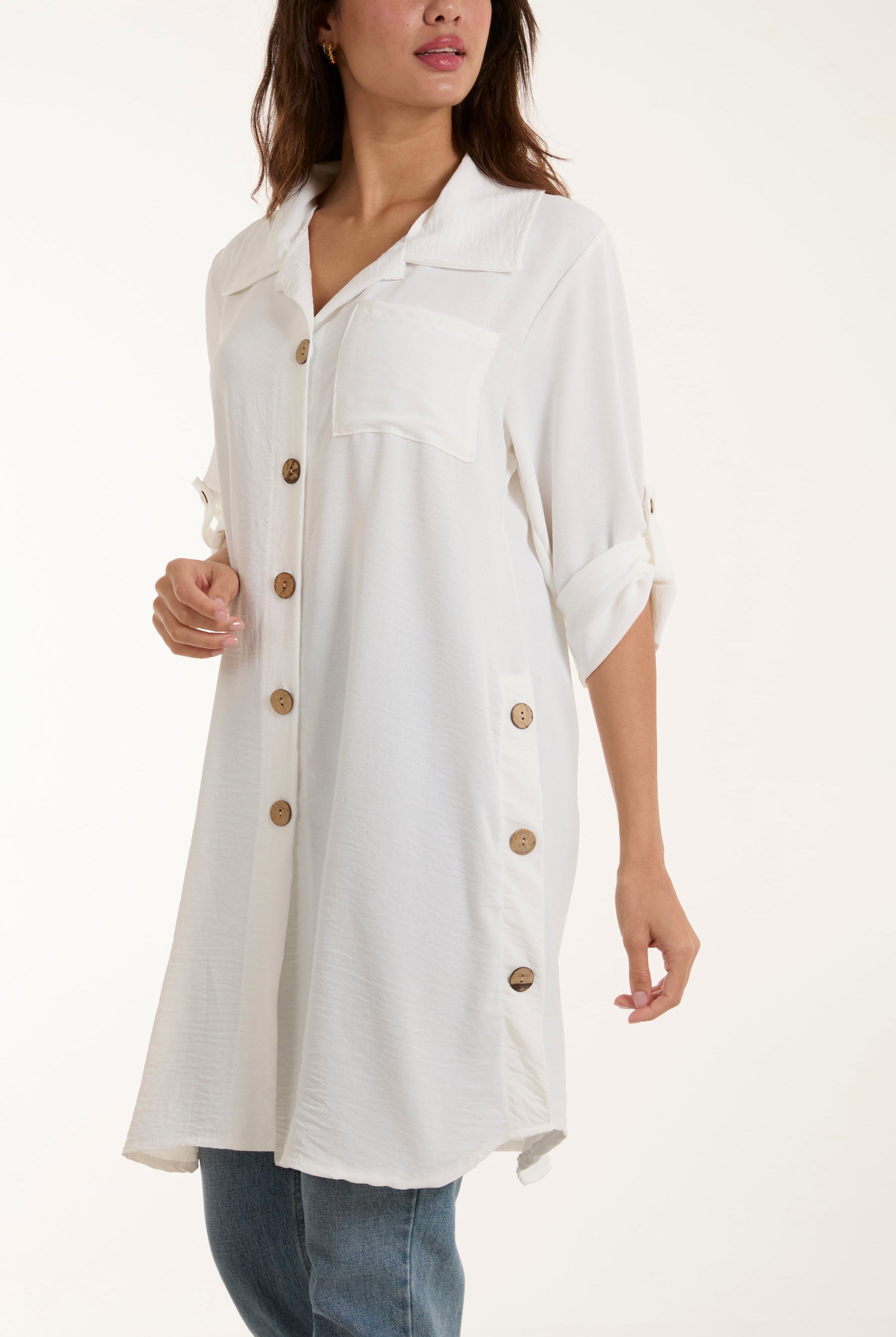 Side Button Detail Floaty Shirt Shirts WearAll White One Size