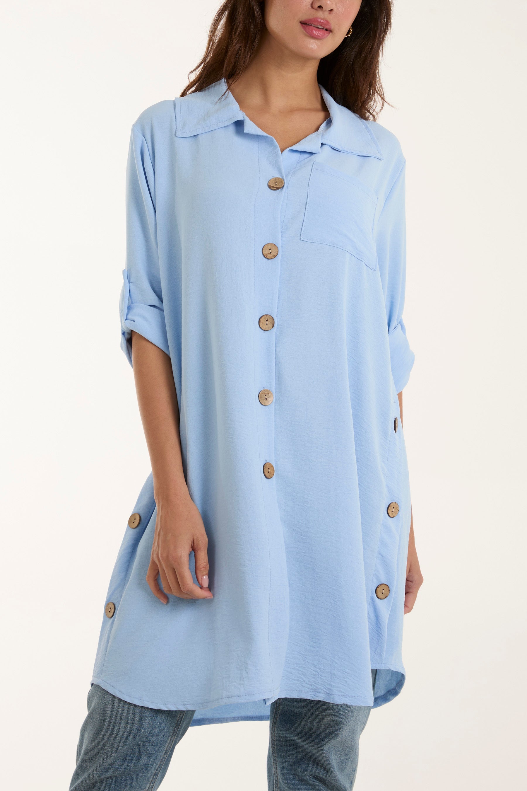 Side Button Detail Floaty Shirt Shirts WearAll Light Blue One Size