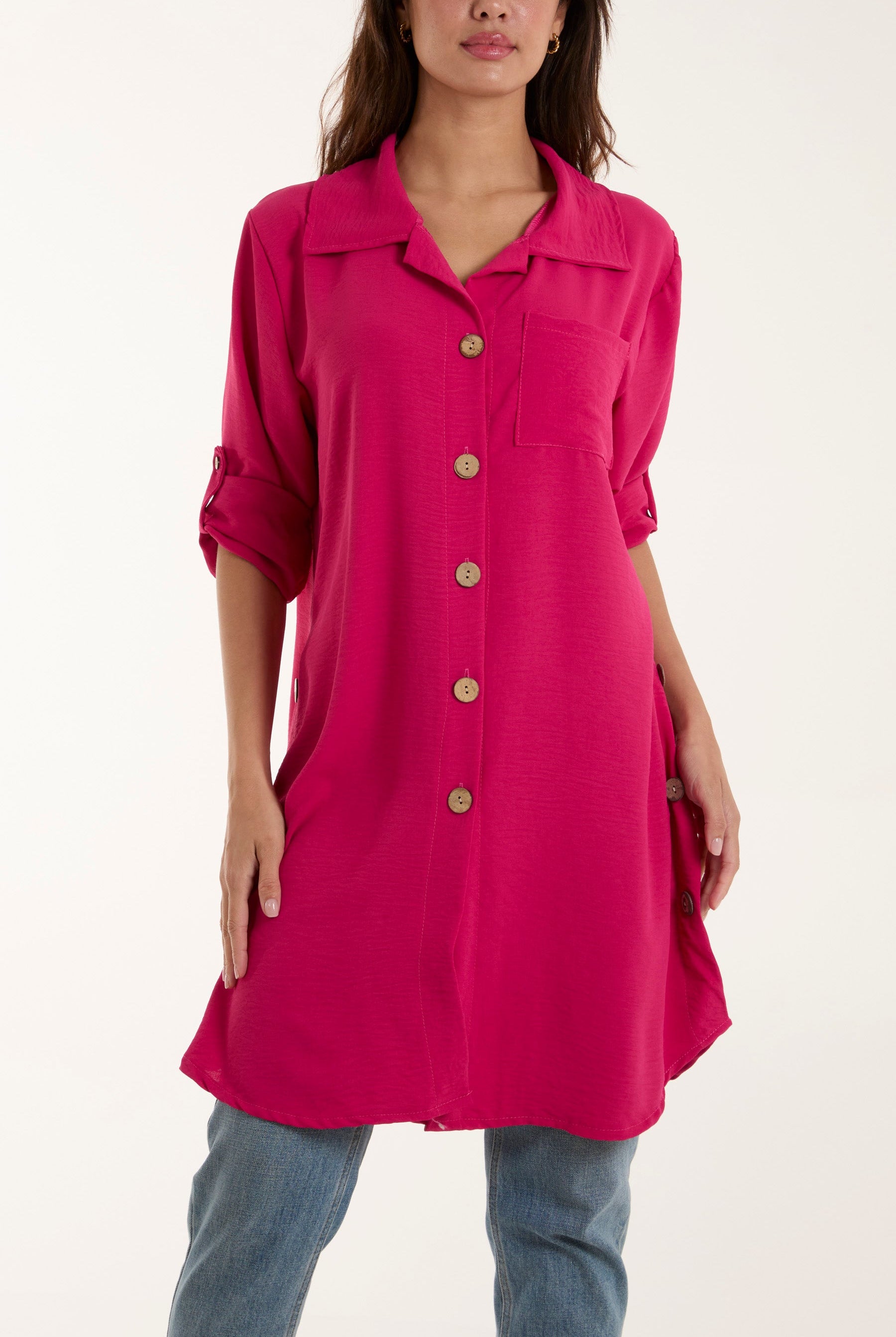 Side Button Detail Floaty Shirt Shirts WearAll Fuchsia One Size
