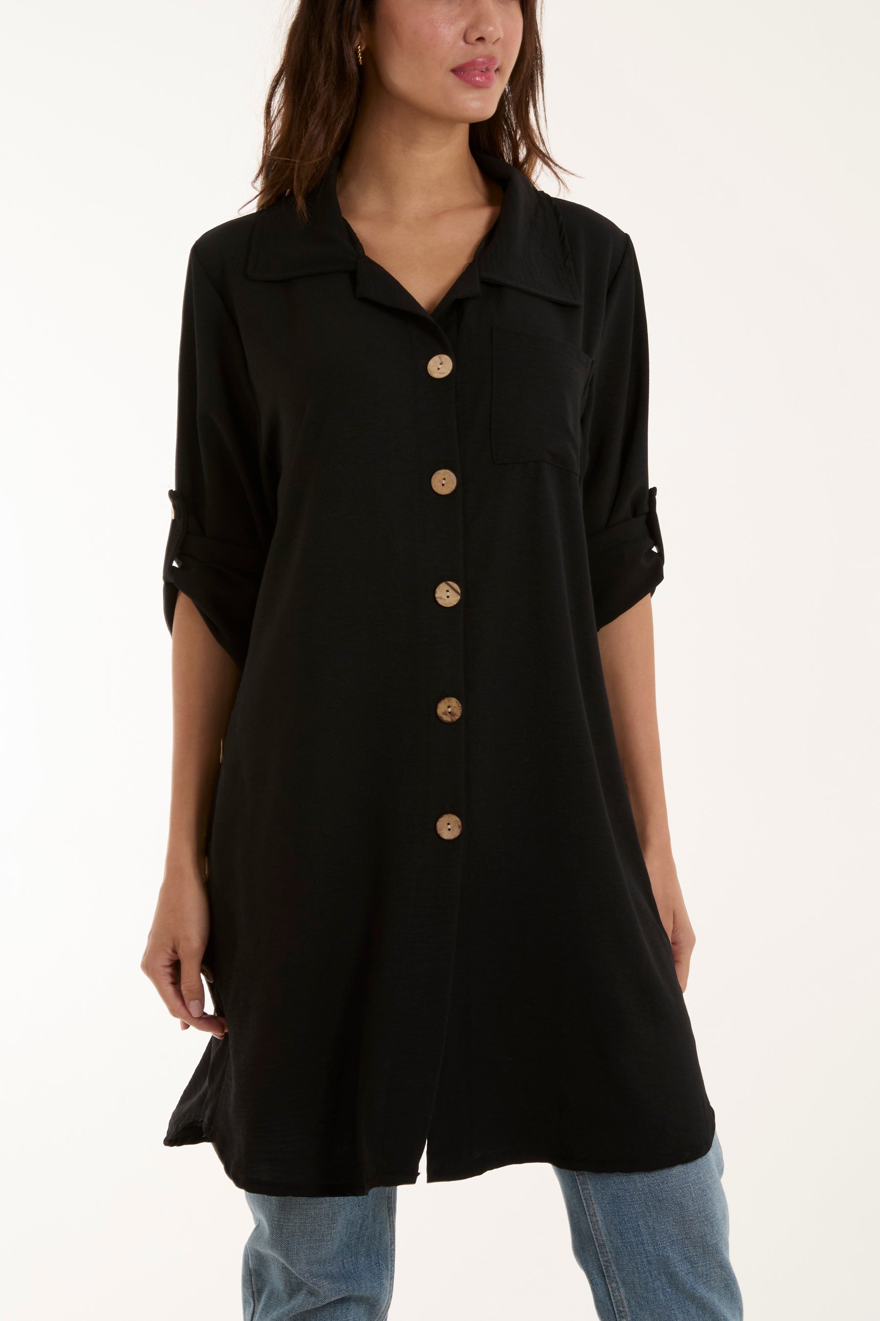 Side Button Detail Floaty Shirt Shirts WearAll Black One Size