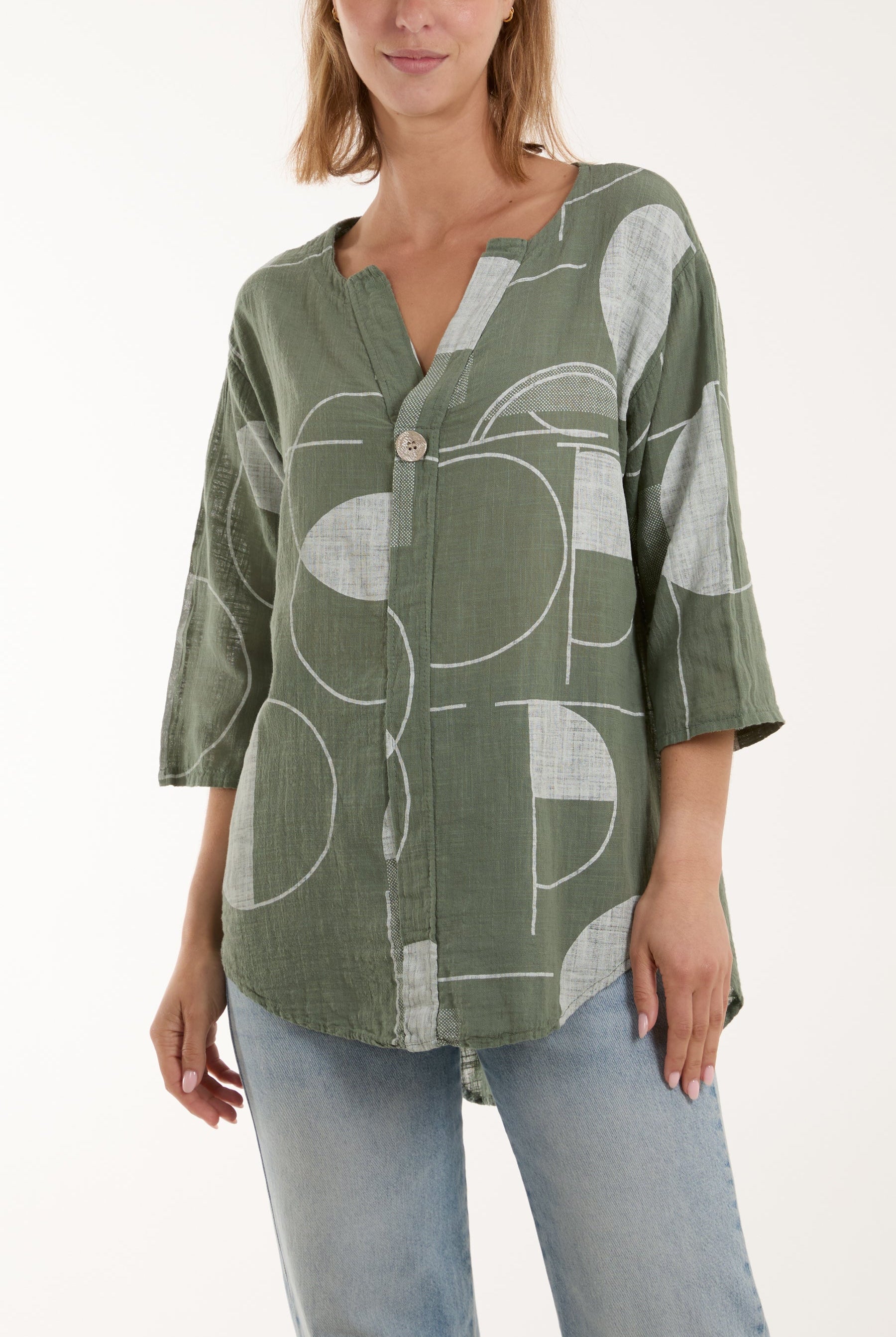 Geometric Shapes Silver Button Top Tops WearAll Khaki One Size