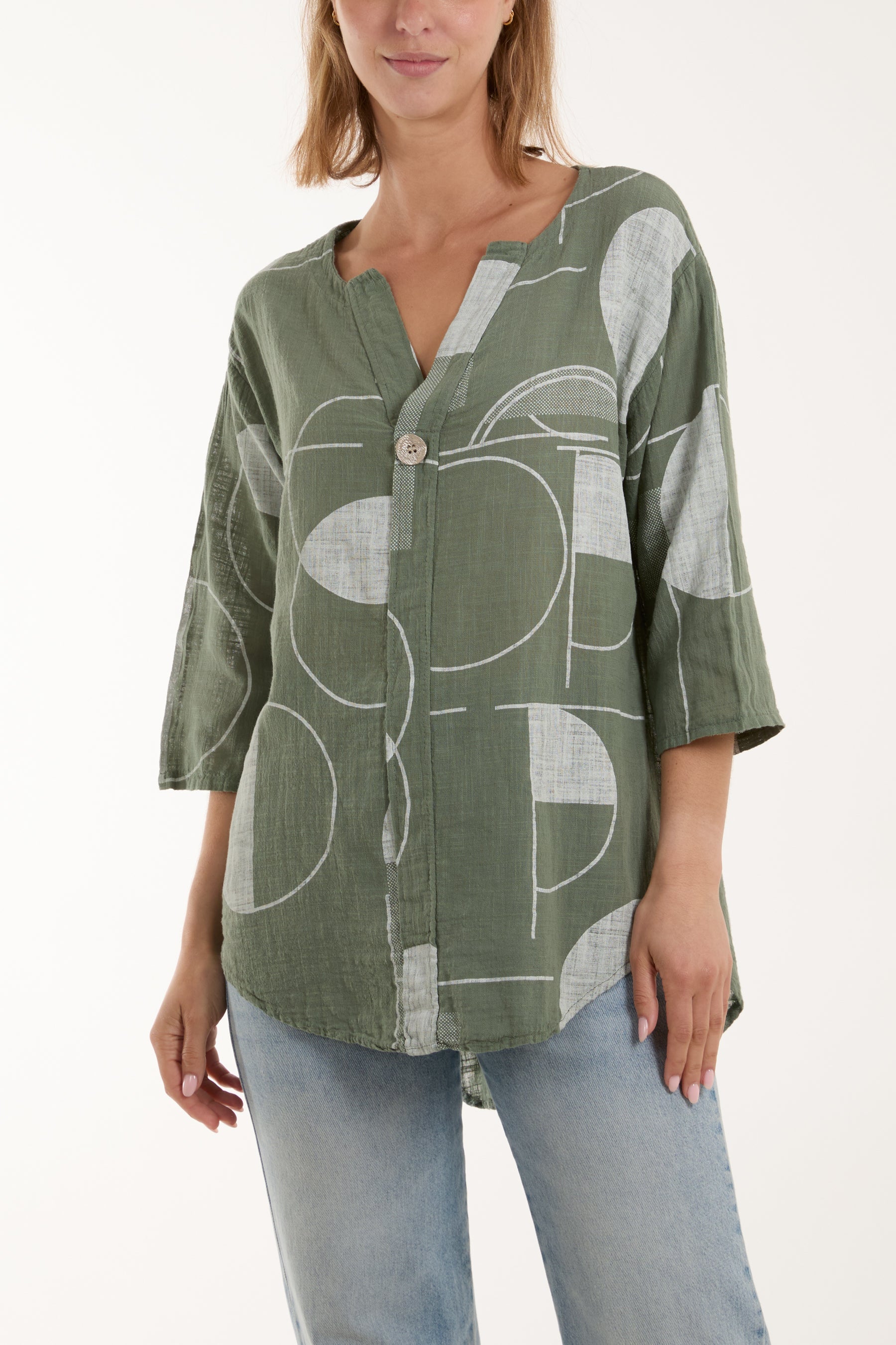 Geometric Shapes Silver Button Top Tops WearAll Khaki One Size