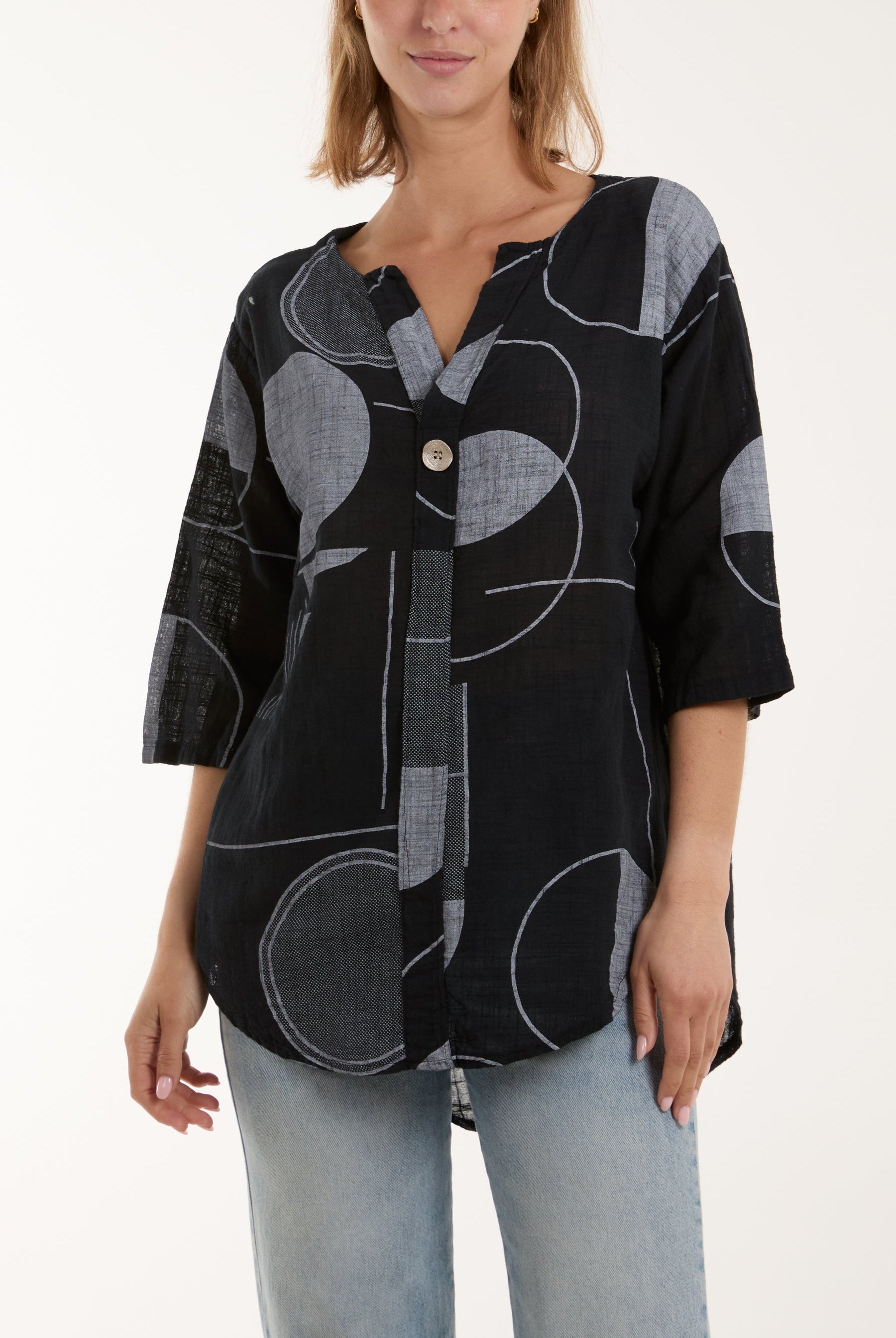 Geometric Shapes Silver Button Top Tops WearAll Black One Size