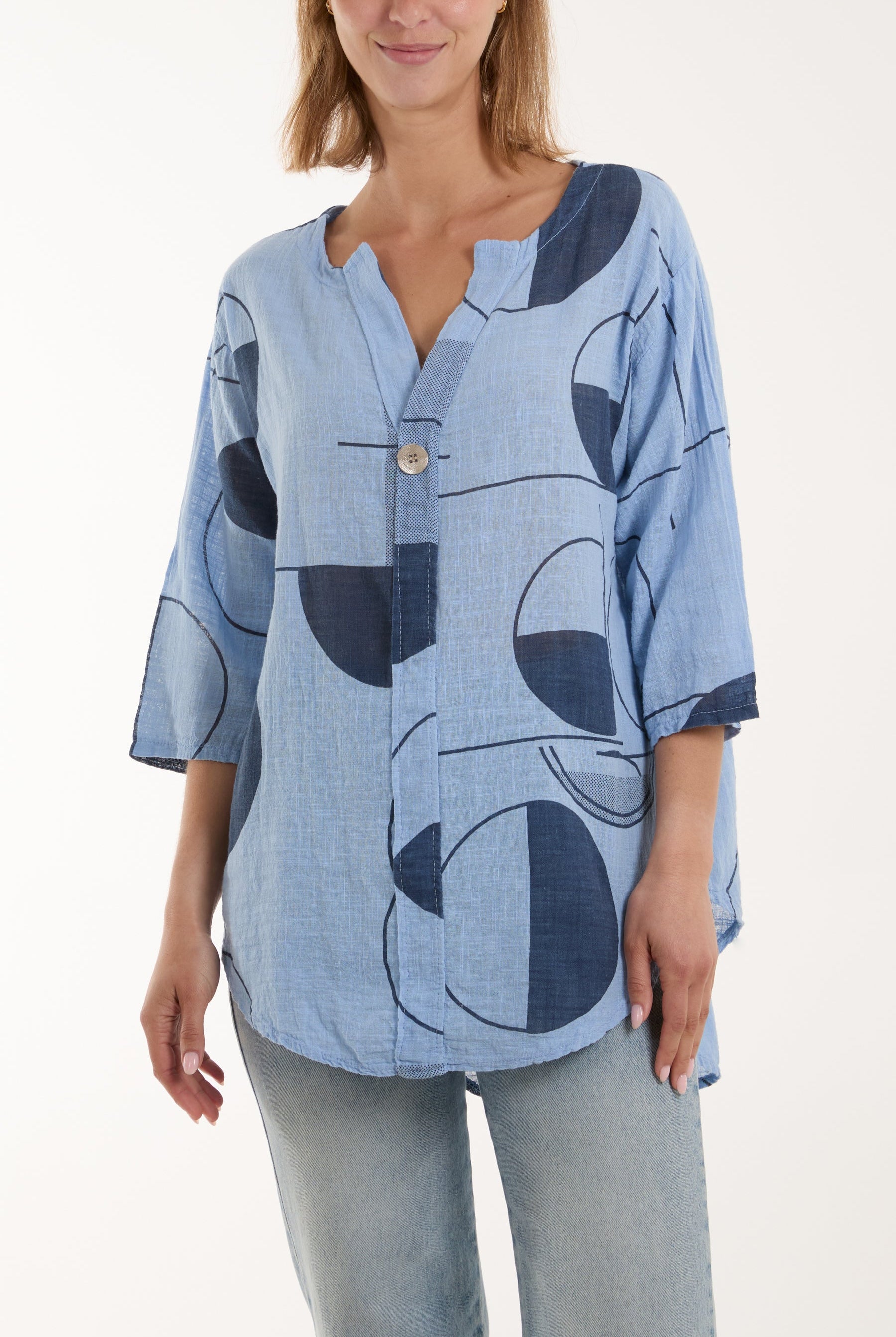 Geometric Shapes Silver Button Top Tops WearAll Light Blue One Size