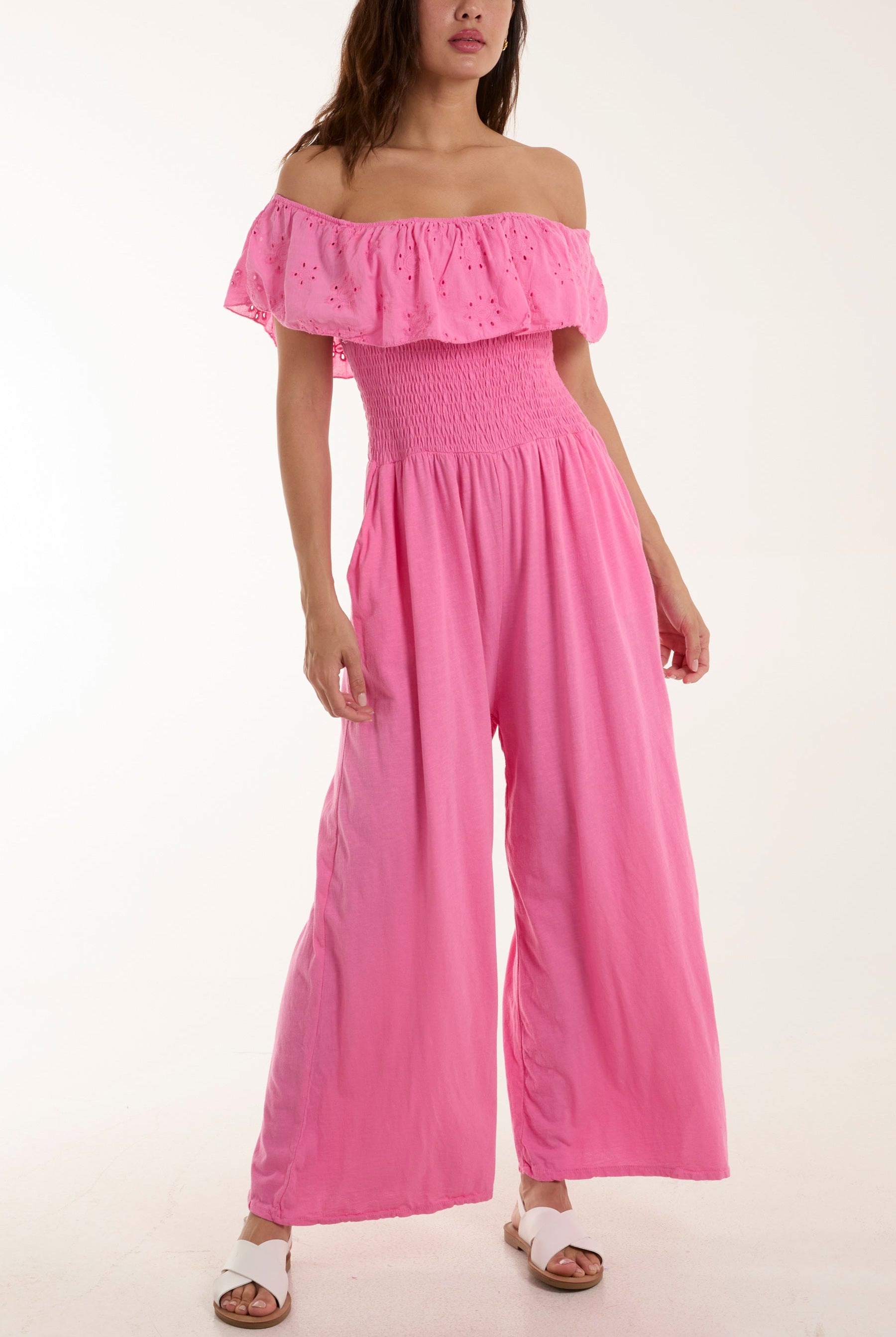 Broderie Anglaise Bardot Jumpsuit Jumpsuits WearAll BubbleGum Pink One Size