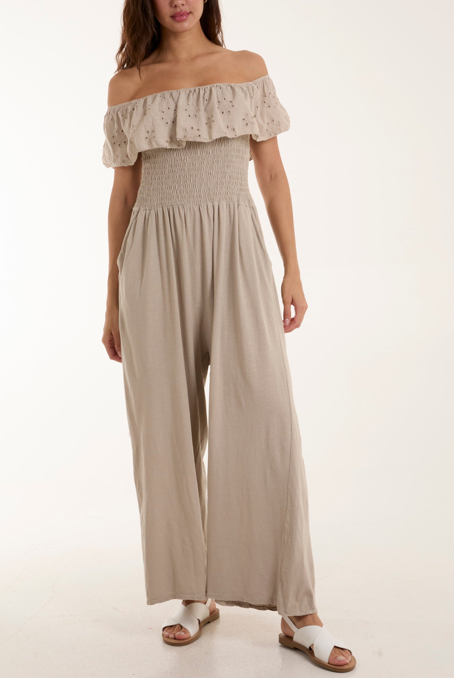 Broderie Anglaise Bardot Jumpsuit Jumpsuits WearAll Stone One Size