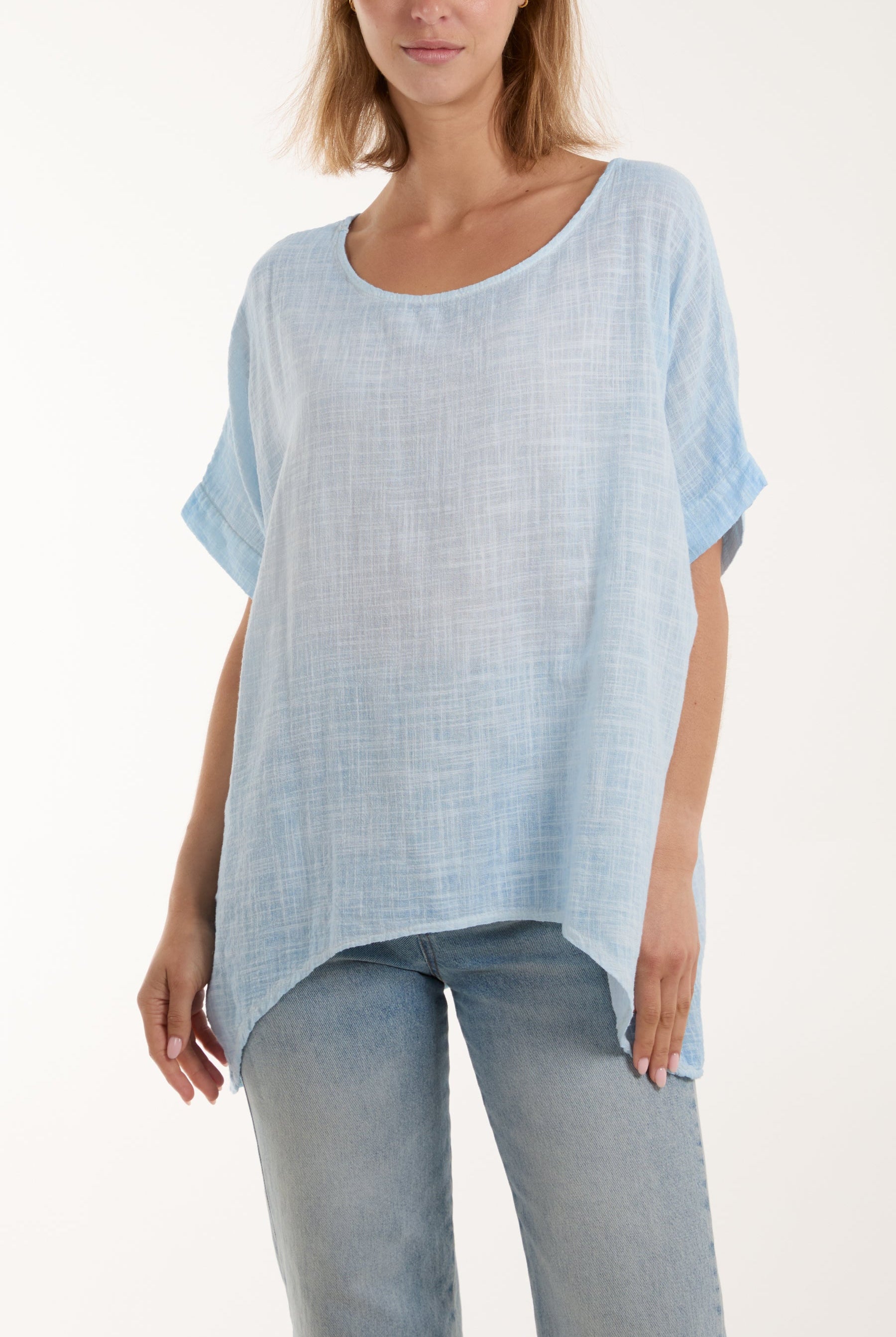 Cotton Washed Short Sleeve Top Tops WearAll Light Blue One Size
