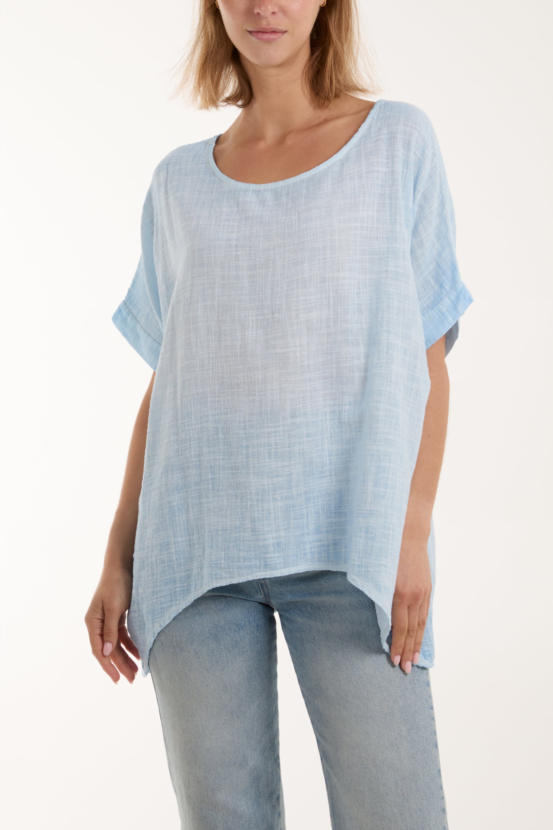 Cotton Washed Short Sleeve Top Tops WearAll Light Blue One Size