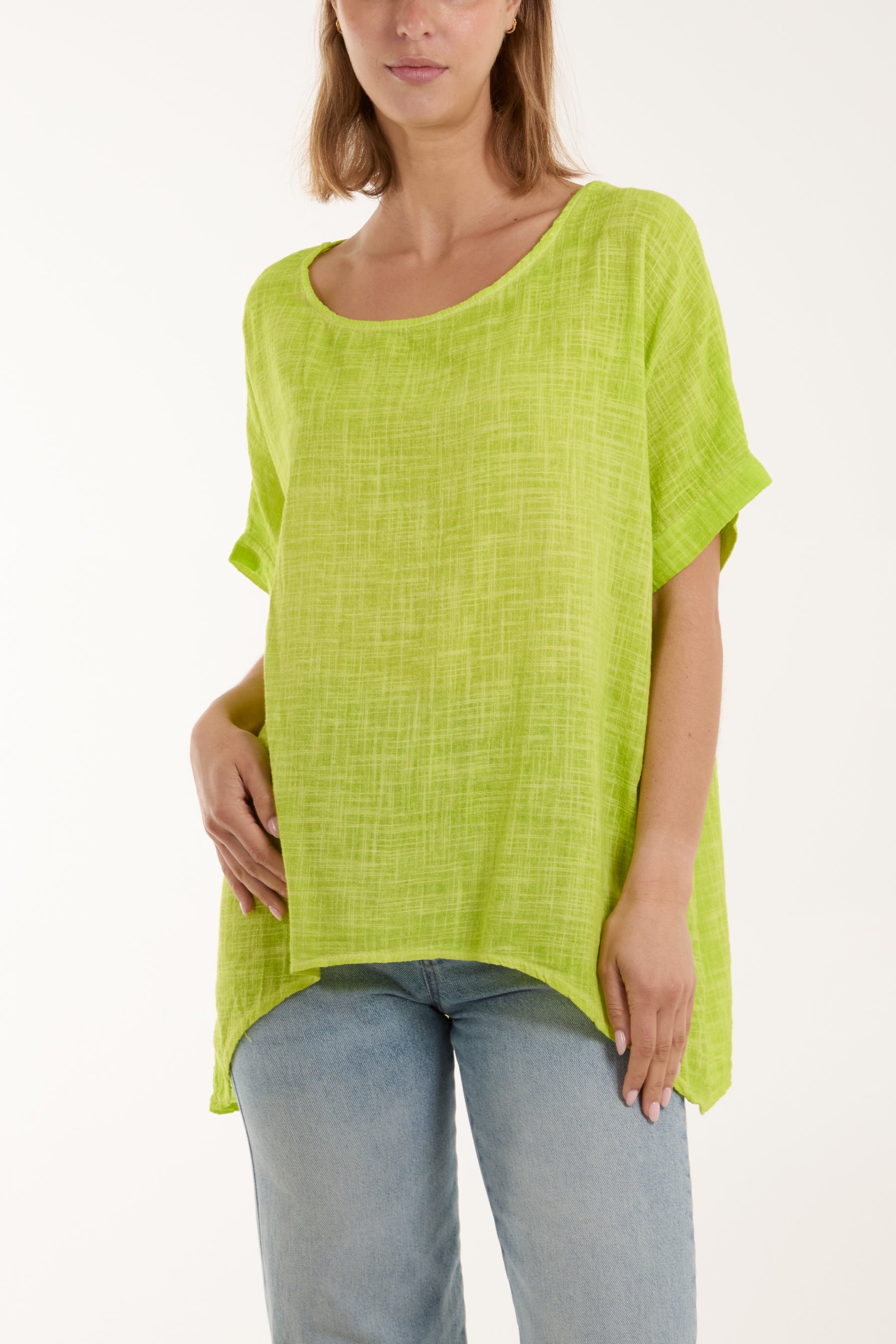 Cotton Washed Short Sleeve Top Tops WearAll Lime One Size