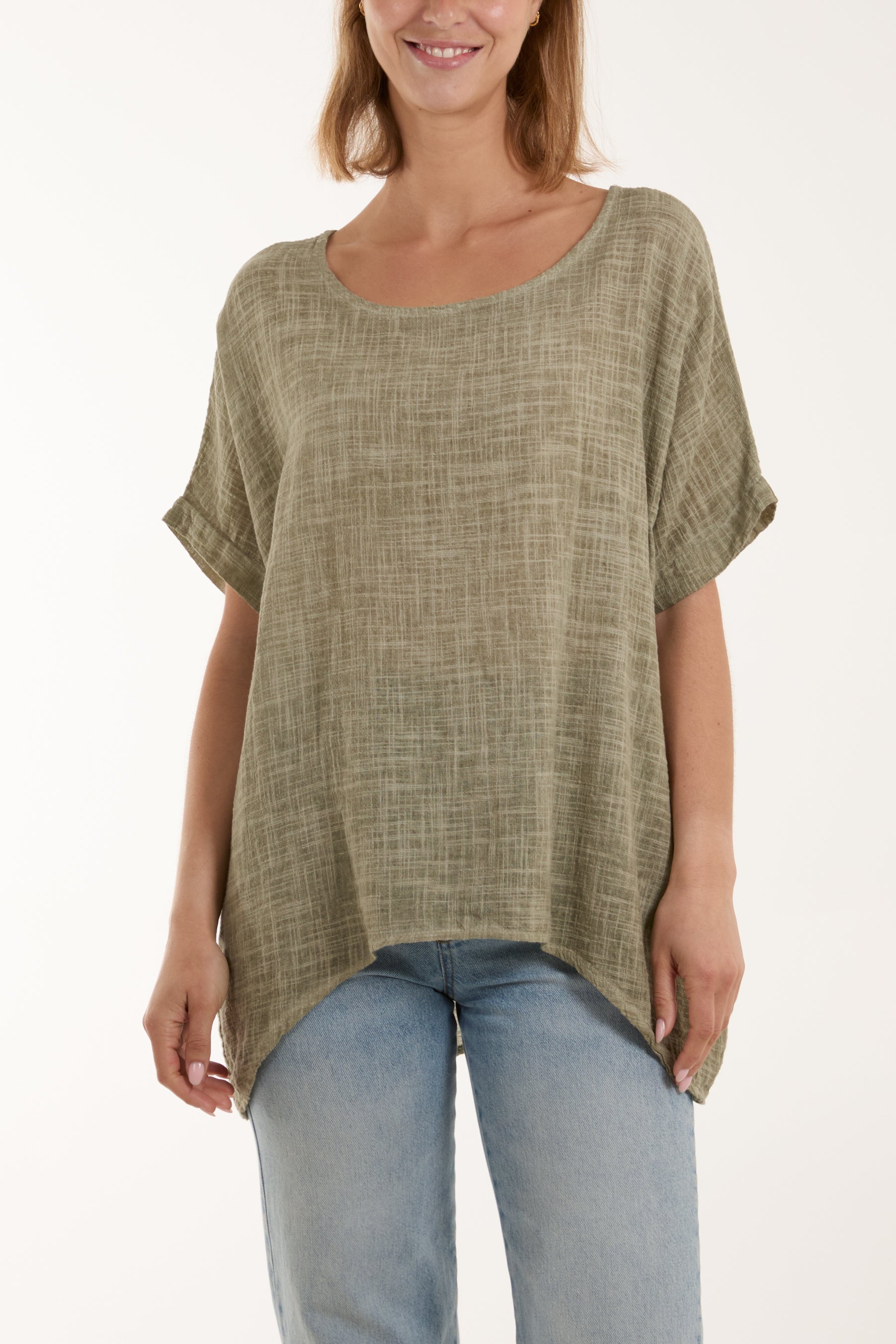 Cotton Washed Short Sleeve Top Tops WearAll Khaki One Size